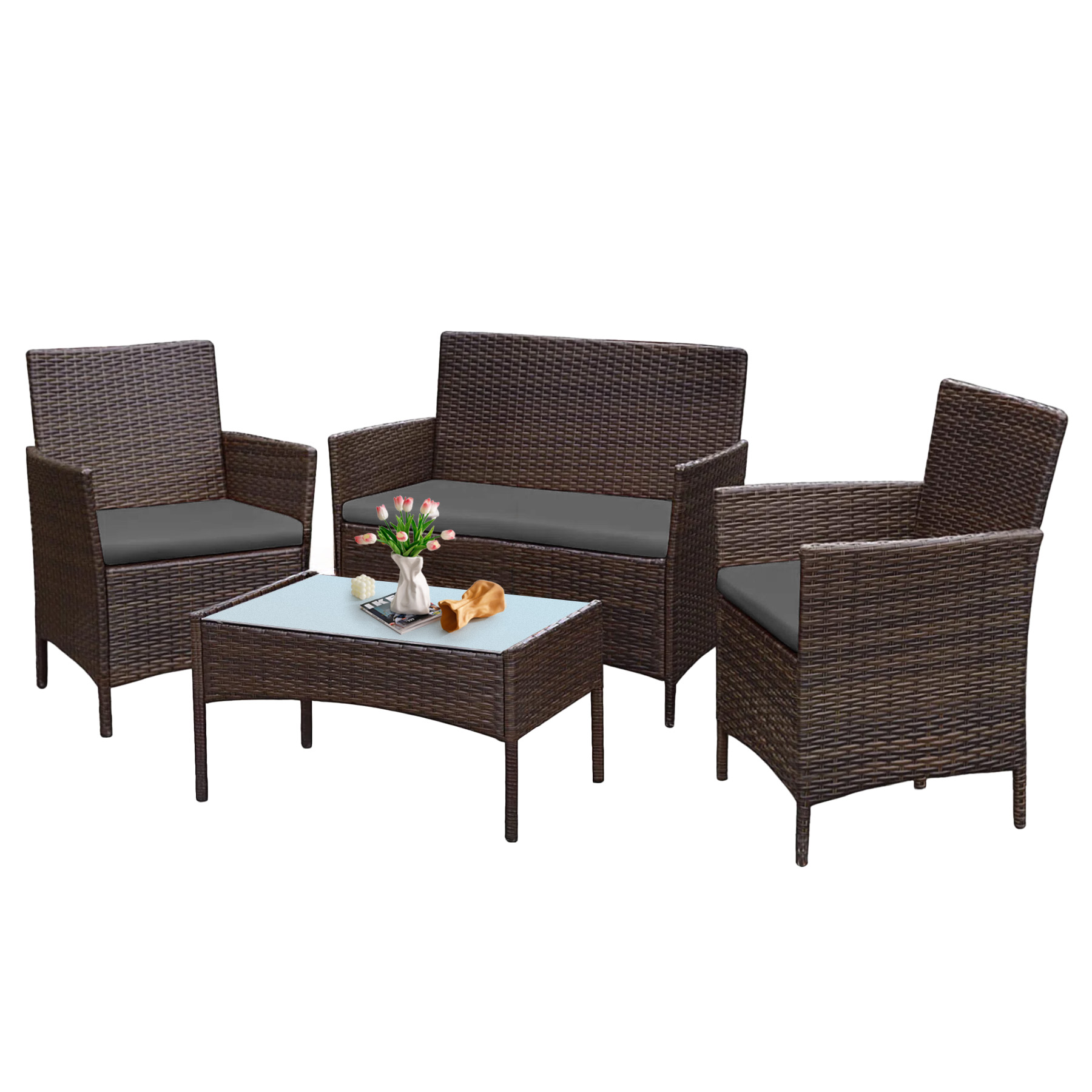 Tappio 4 PCS Outdoor Rattan Furniture Patio Conversation Set, Wicker Sofa Garden Conversation Bistro Sets for Yard, Pool or Backyard