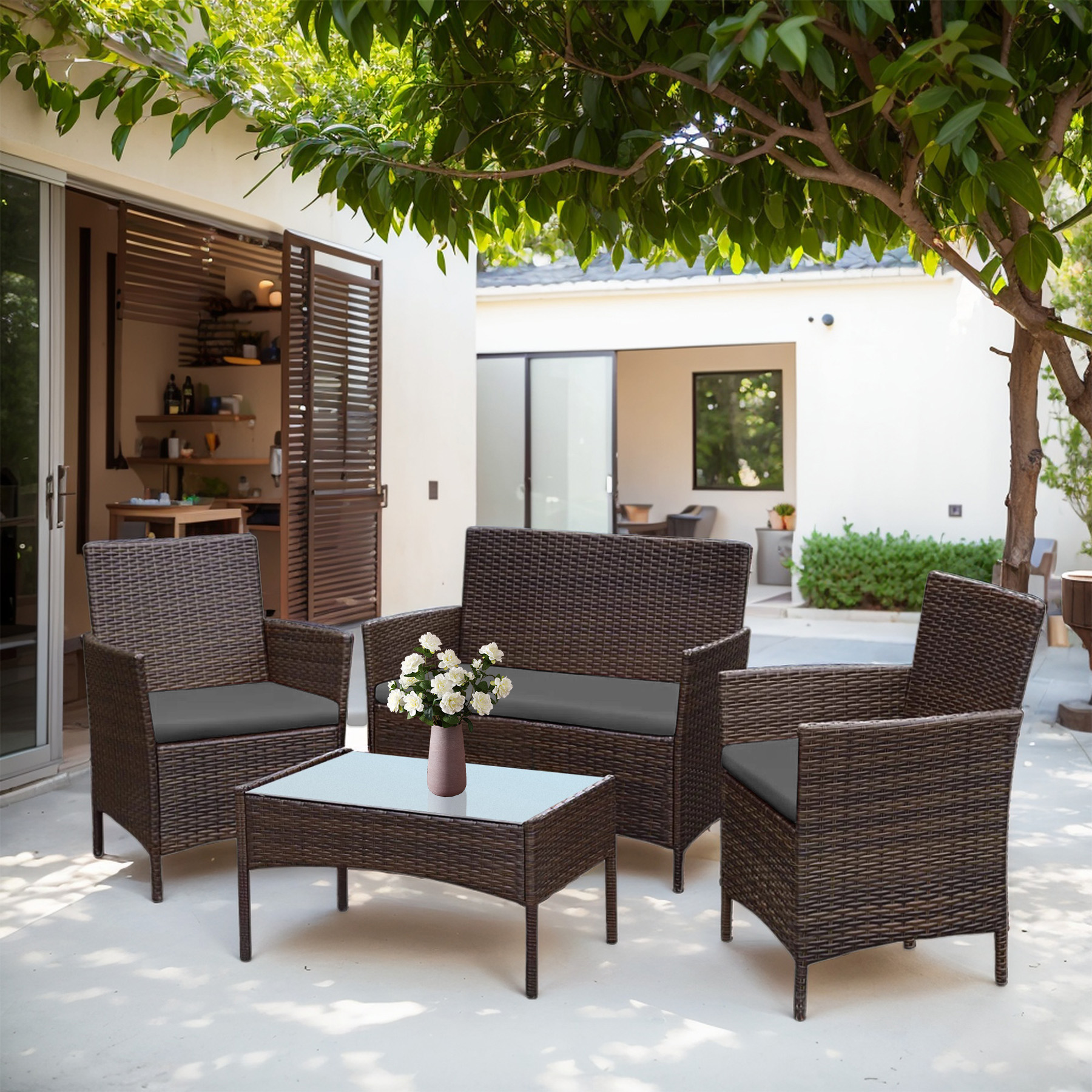 Tappio 4 PCS Outdoor Rattan Furniture Patio Conversation Set, Wicker Sofa Garden Conversation Bistro Sets for Yard, Pool or Backyard