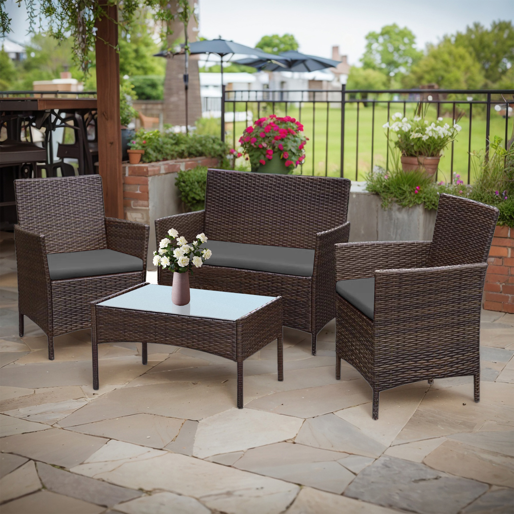 Tappio 4 PCS Outdoor Rattan Furniture Patio Conversation Set, Wicker Sofa Garden Conversation Bistro Sets for Yard, Pool or Backyard