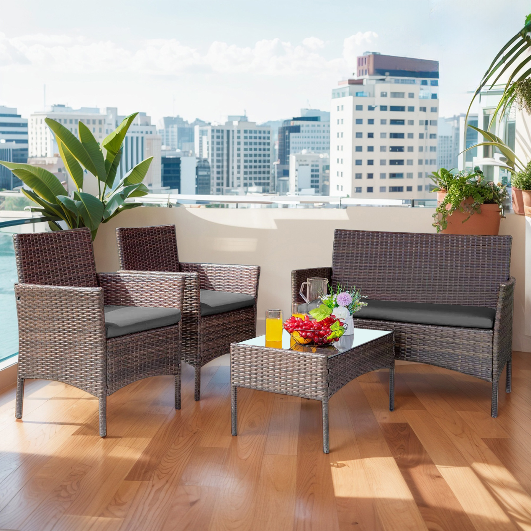 Tappio 4 PCS Outdoor Rattan Furniture Patio Conversation Set, Wicker Sofa Garden Conversation Bistro Sets for Yard, Pool or Backyard