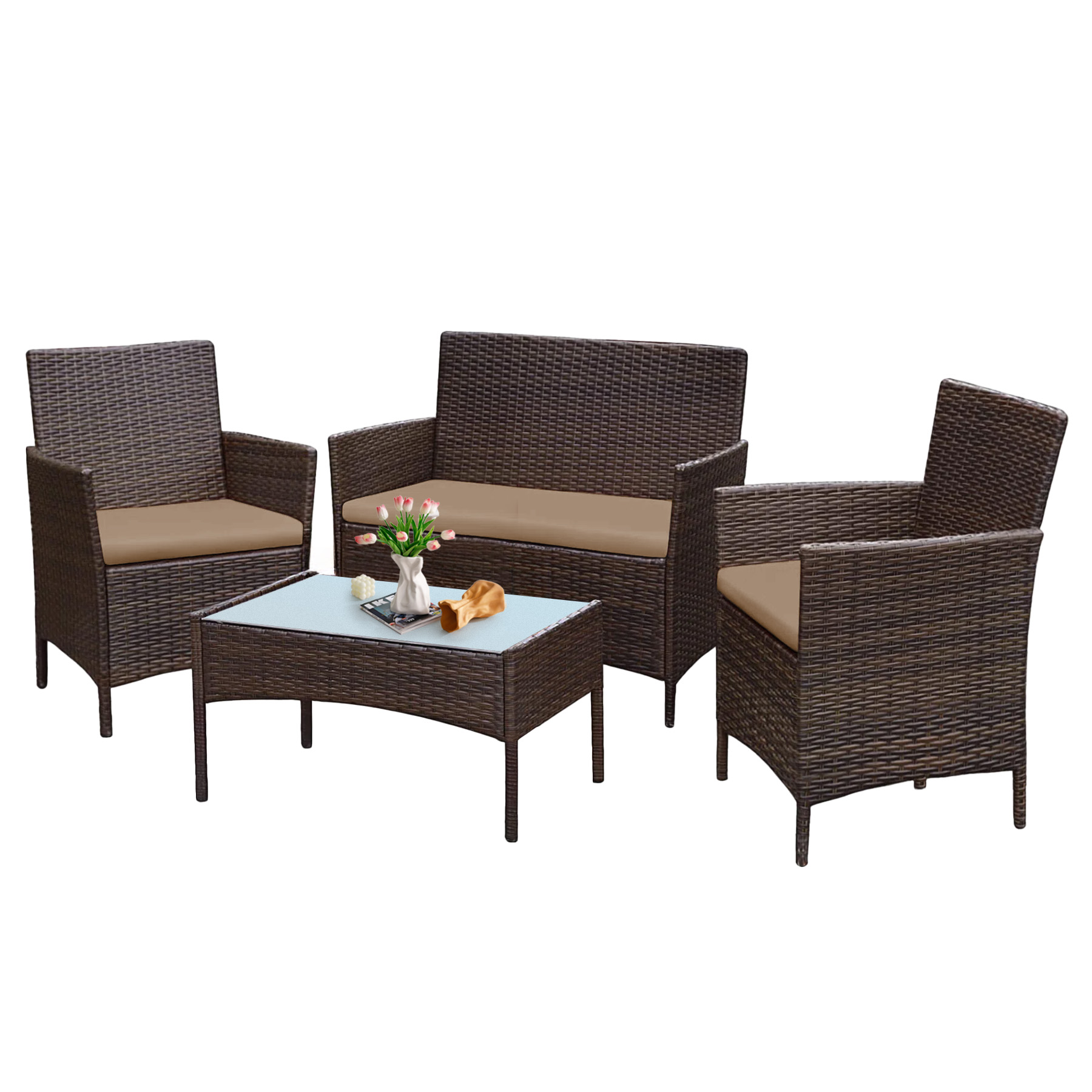 Tappio 4 PCS Outdoor Rattan Furniture Patio Conversation Set, Wicker Sofa Garden Conversation Bistro Sets for Yard, Pool or Backyard