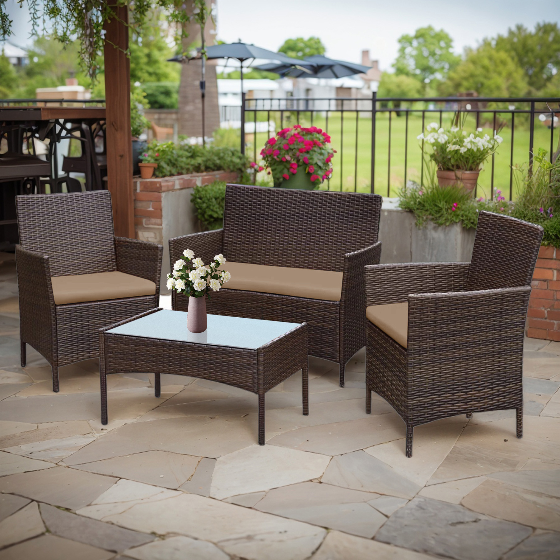 Tappio 4 PCS Outdoor Rattan Furniture Patio Conversation Set, Wicker Sofa Garden Conversation Bistro Sets for Yard, Pool or Backyard