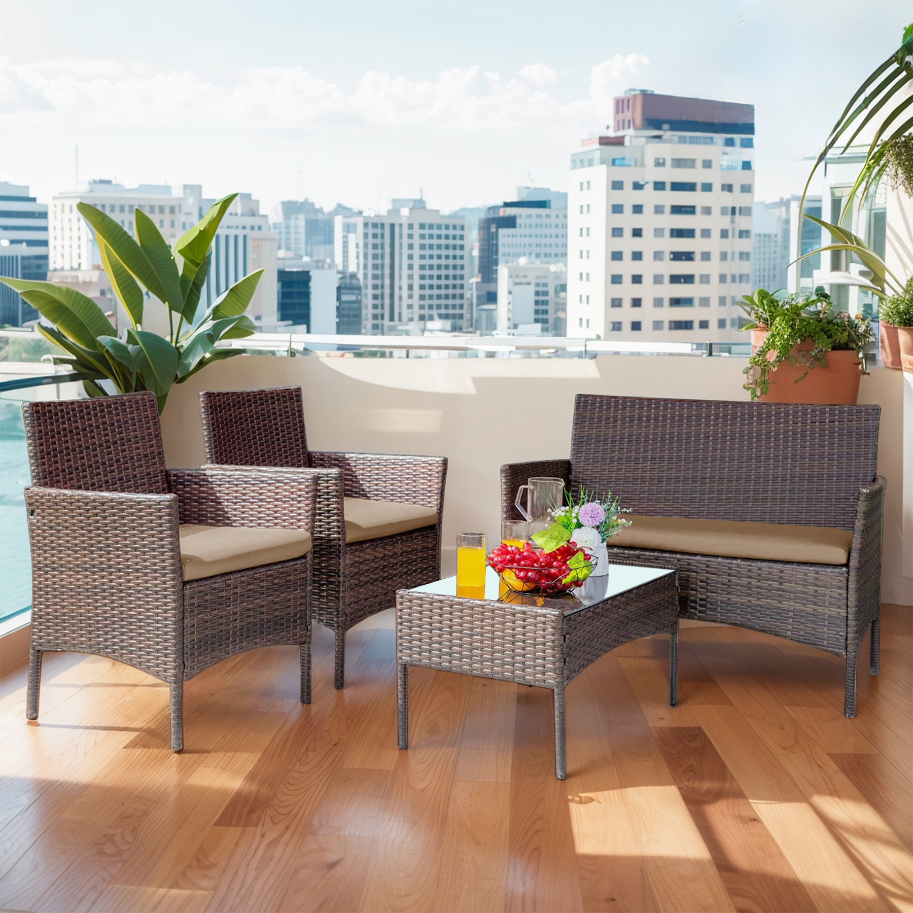 Tappio 4 PCS Outdoor Rattan Furniture Patio Conversation Set, Wicker Sofa Garden Conversation Bistro Sets for Yard, Pool or Backyard