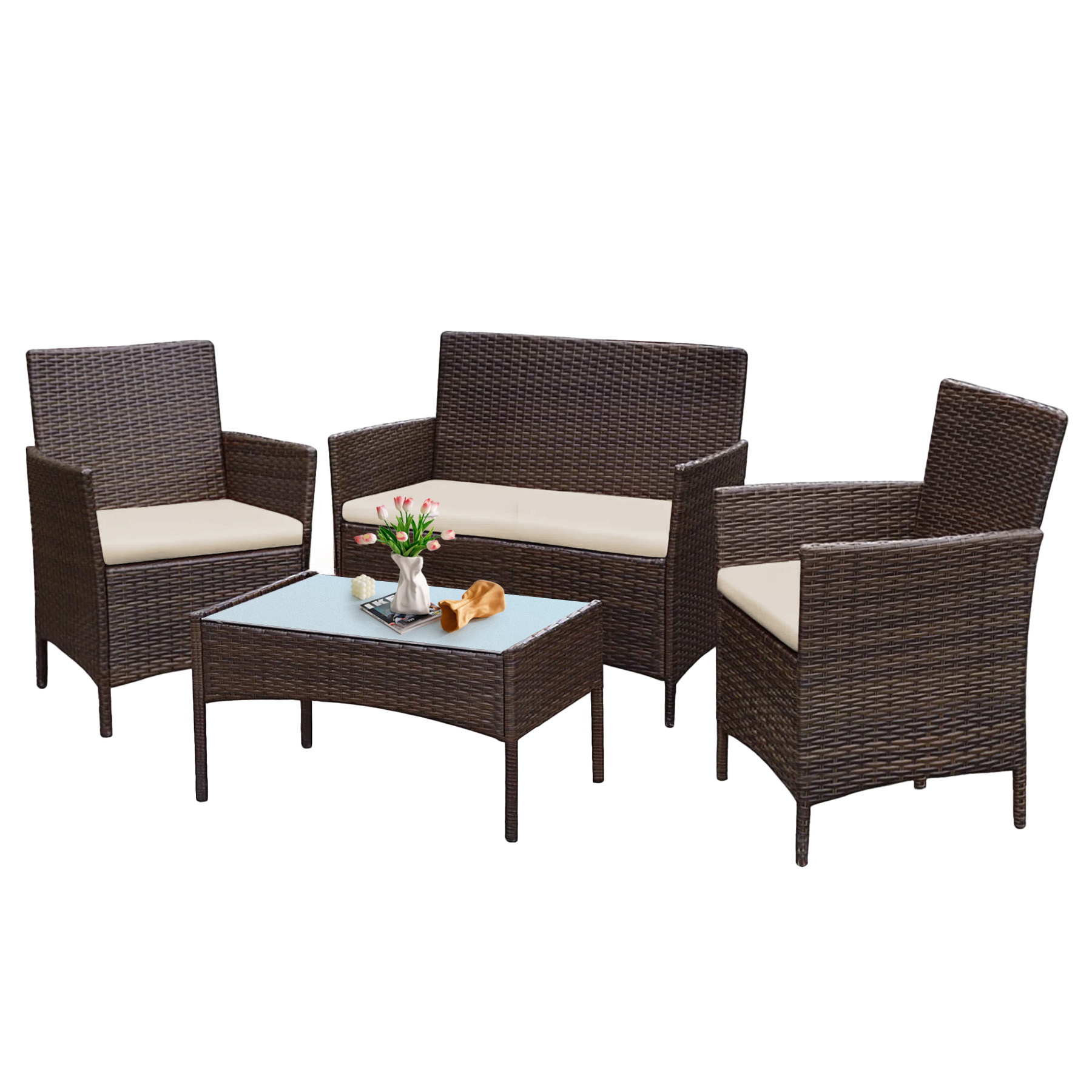 Tappio 4 PCS Outdoor Rattan Furniture Patio Conversation Set, Wicker Sofa Garden Conversation Bistro Sets for Yard, Pool or Backyard