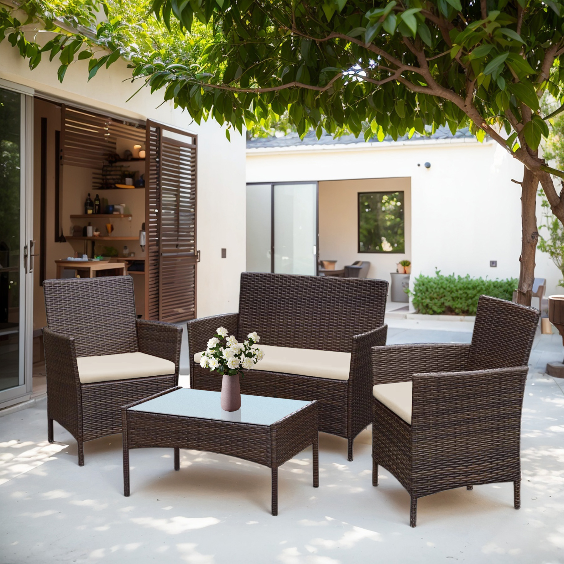 Tappio 4 PCS Outdoor Rattan Furniture Patio Conversation Set, Wicker Sofa Garden Conversation Bistro Sets for Yard, Pool or Backyard