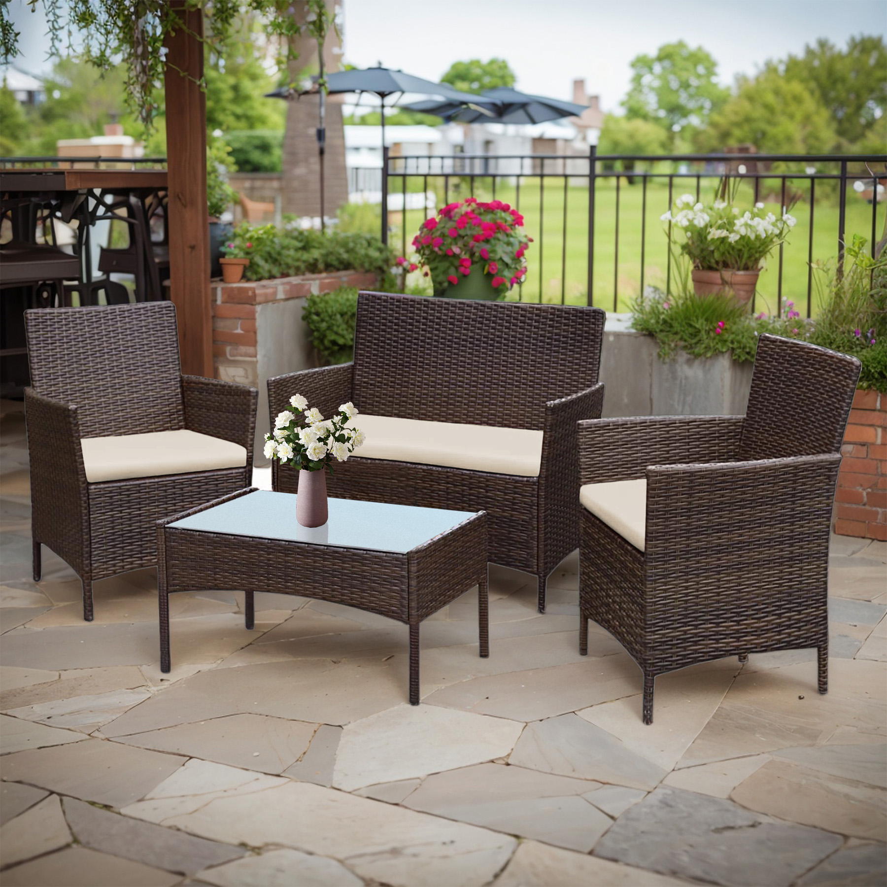 Tappio 4 PCS Outdoor Rattan Furniture Patio Conversation Set, Wicker Sofa Garden Conversation Bistro Sets for Yard, Pool or Backyard