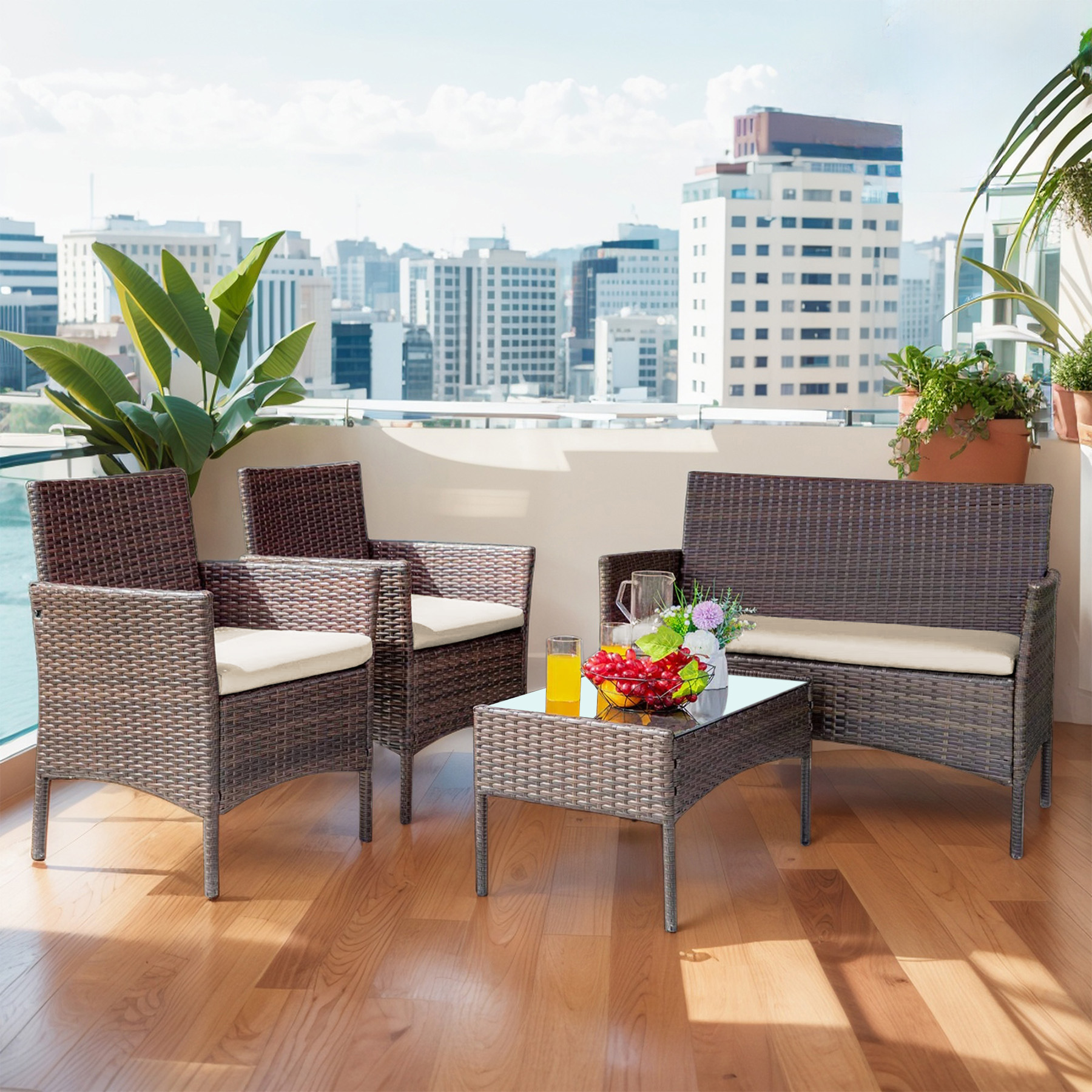 Tappio 4 PCS Outdoor Rattan Furniture Patio Conversation Set, Wicker Sofa Garden Conversation Bistro Sets for Yard, Pool or Backyard