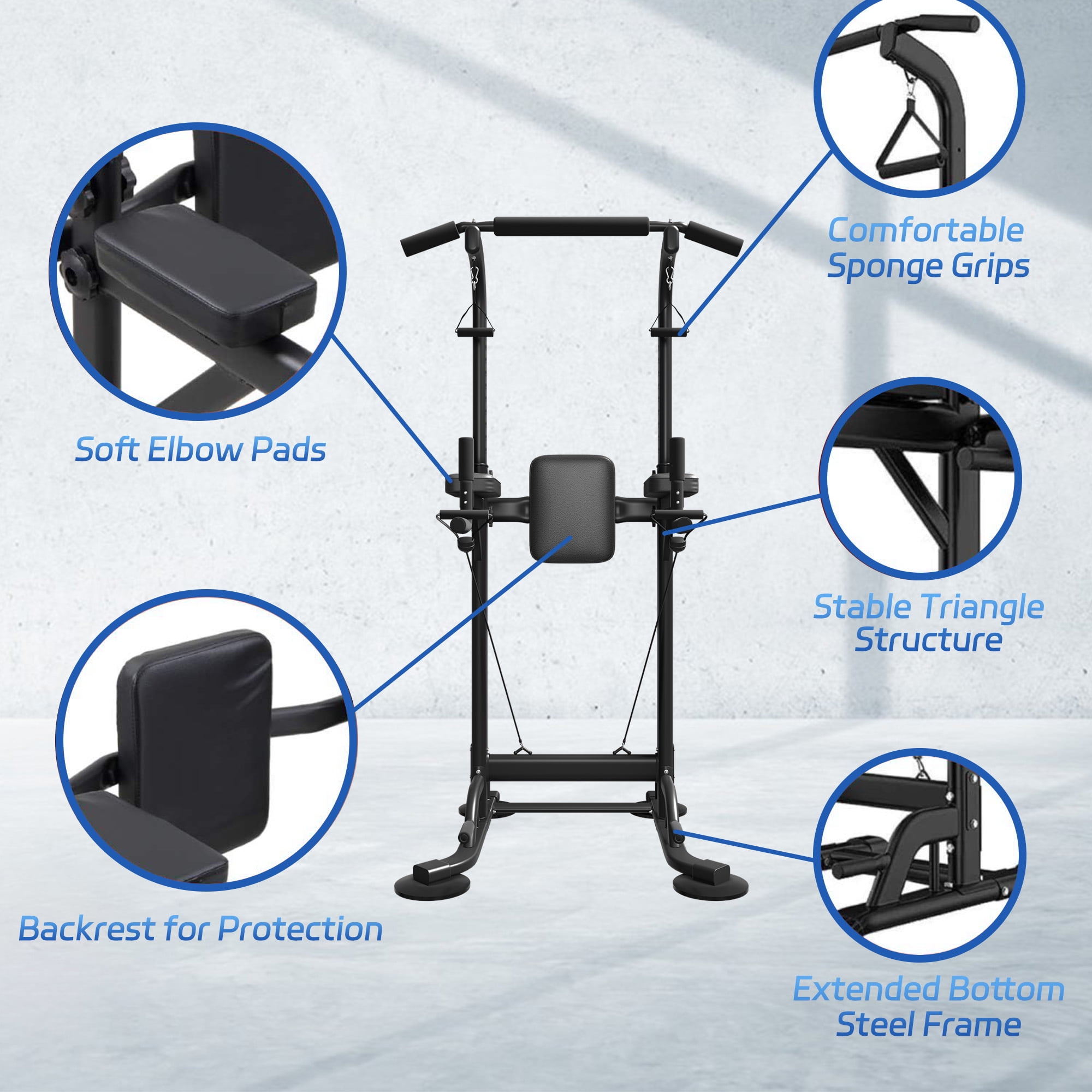 PROHIKER Power Tower Dip Station, Pull Up Bar Stand Power Rack with Backrest and Resistance Band, Height Adjustable Strength Training Equipment for Fitness Home Workout, Black