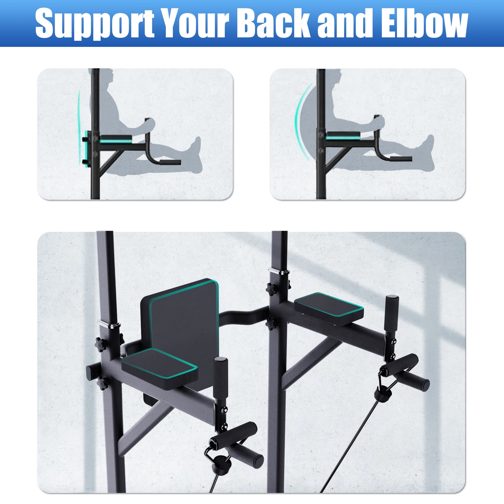 PROHIKER Power Tower Dip Station, Pull Up Bar Stand Power Rack with Backrest and Resistance Band, Height Adjustable Strength Training Equipment for Fitness Home Workout, Black