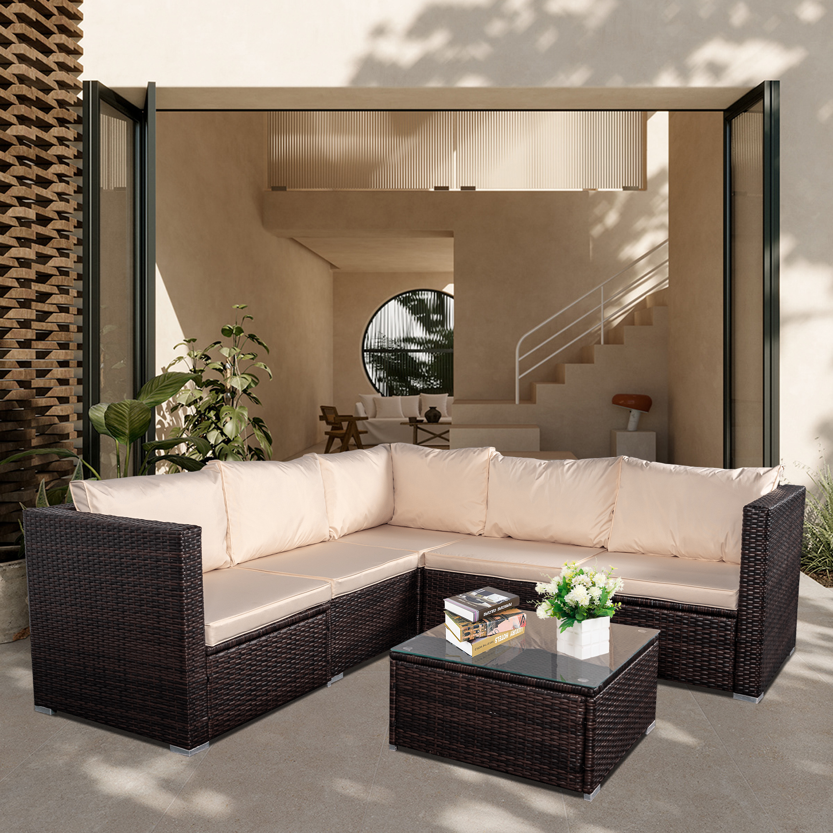 Tappio 6 Pieces Wicker Patio Furniture Set, Outdoor Furniture Sectional Sofa Rattan Conversation Set with Couch and Tempered Glass Top Table for Deck Porch Yard, Brown/Beige