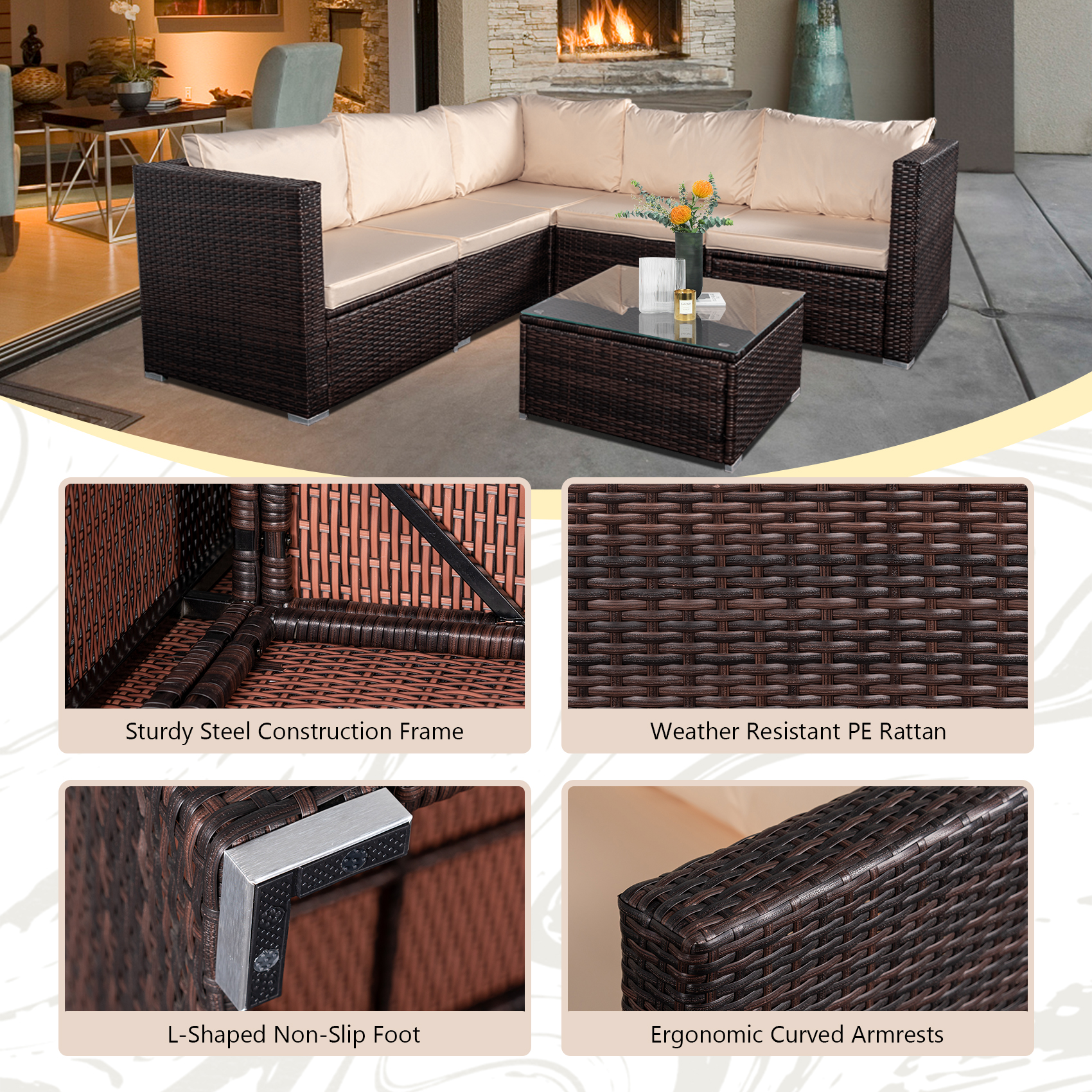 Tappio 6 Pieces Wicker Patio Furniture Set, Outdoor Furniture Sectional Sofa Rattan Conversation Set with Couch and Tempered Glass Top Table for Deck Porch Yard, Brown/Beige