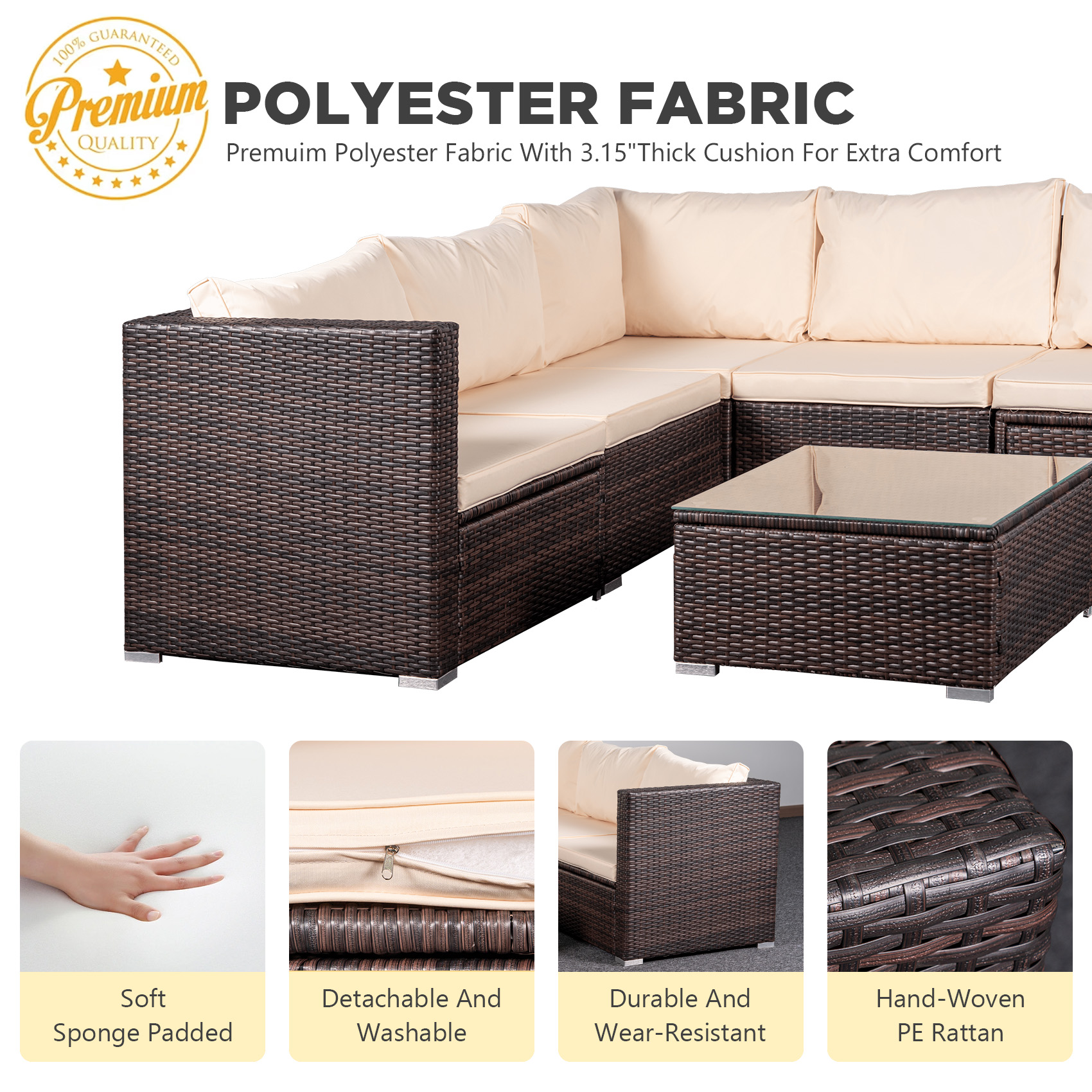 Tappio 6 Pieces Wicker Patio Furniture Set, Outdoor Furniture Sectional Sofa Rattan Conversation Set with Couch and Tempered Glass Top Table for Deck Porch Yard, Brown/Beige
