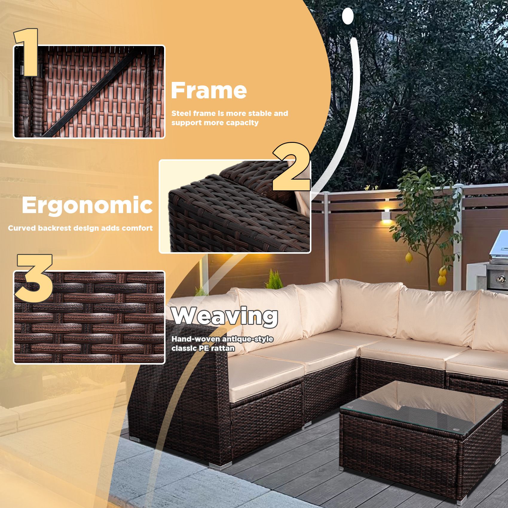 Tappio 6 Pieces Wicker Patio Furniture Set, Outdoor Furniture Sectional Sofa Rattan Conversation Set with Couch and Tempered Glass Top Table for Deck Porch Yard, Brown/Beige