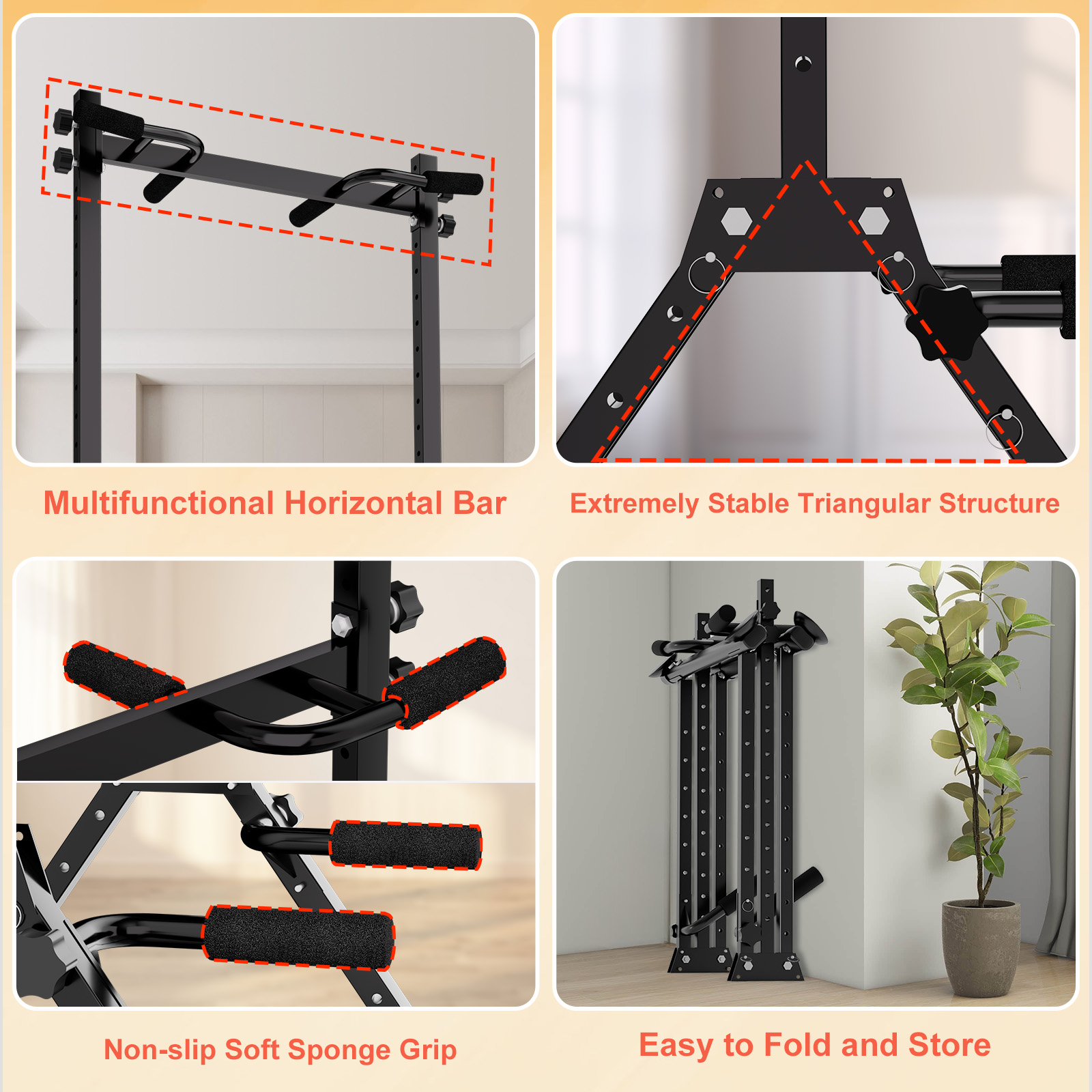 PROHIKER Power Tower Foldable Pull Up Bar Station for Home Gym Workout Dip Bar Station Multi-Function Pull Up Stand Adjustable Height Heavy Duty Strength Training Fitness Equipment