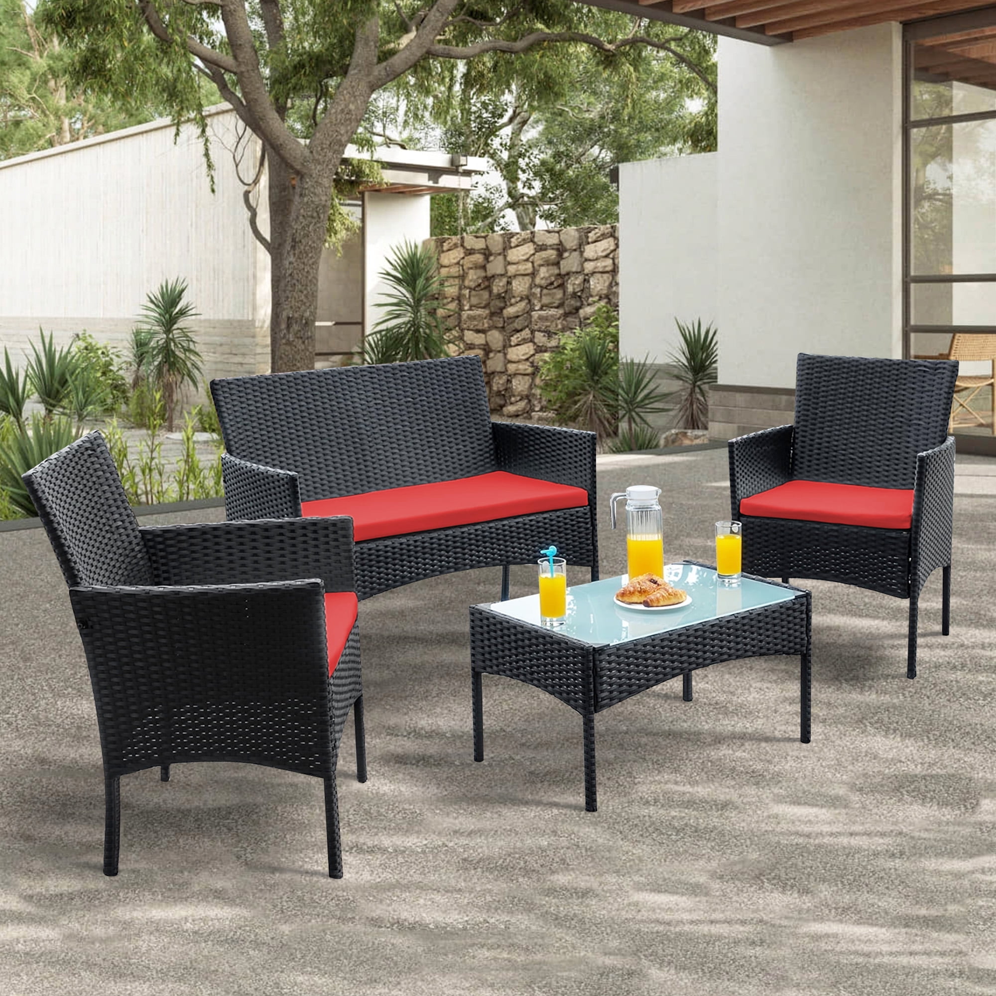 Tappio 4-Piece Wicker Patio Set with Cushions and Glass Table for Outdoor Relaxation Outdoor Bistro Set Wicker Furniture Porch Chairs Conversation Sets 