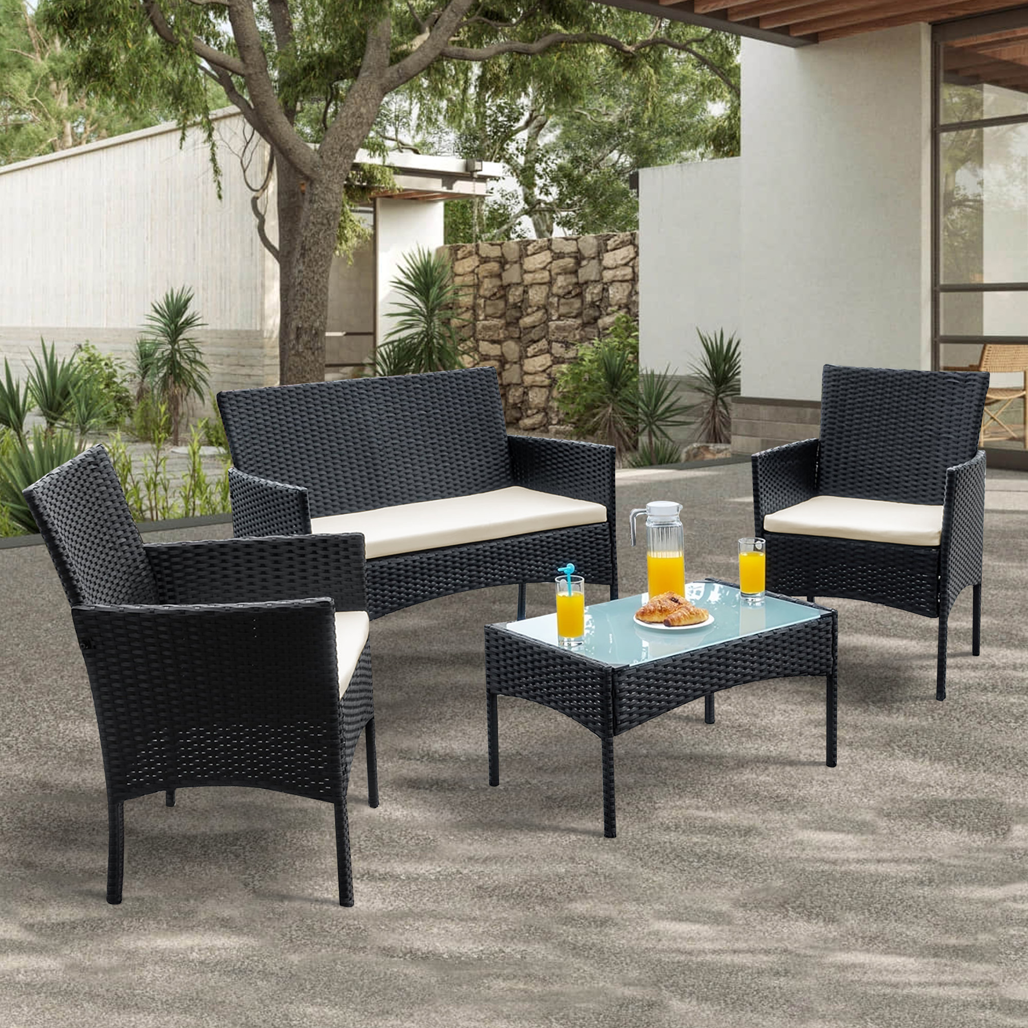 Tappio 4-Piece Wicker Patio Set with Cushions and Glass Table for Outdoor Relaxation Outdoor Bistro Set Wicker Furniture Porch Chairs Conversation Sets 