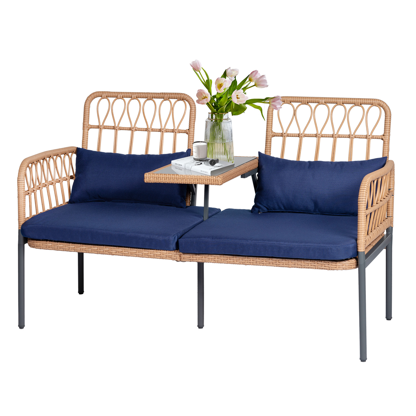 Tappio Outdoor Rattan Loveseat, Patio Rattan Conversation Set Seat Sofa Cushioned Loveseat Table Chairs with Built-in Coffee Table, Blue