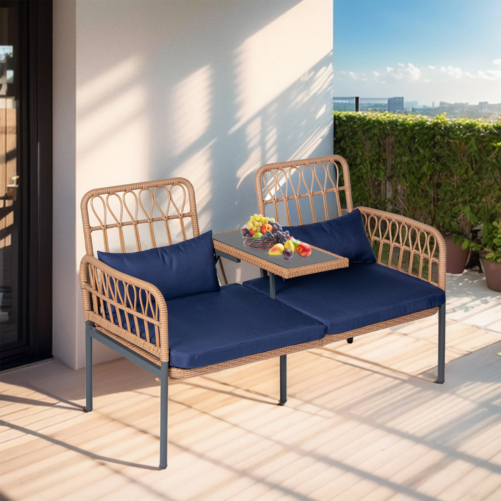 Tappio Outdoor Rattan Loveseat, Patio Rattan Conversation Set Seat Sofa Cushioned Loveseat Table Chairs with Built-in Coffee Table, Blue