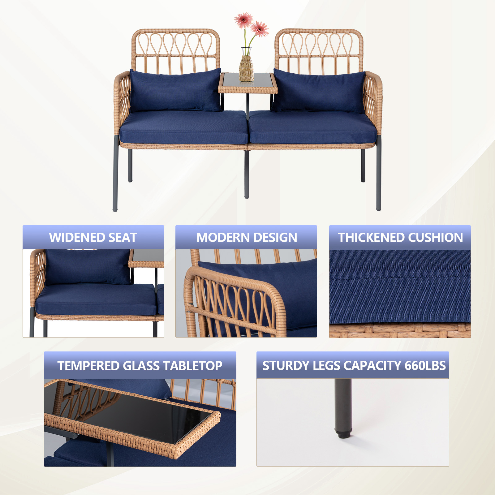 Tappio Outdoor Rattan Loveseat, Patio Rattan Conversation Set Seat Sofa Cushioned Loveseat Table Chairs with Built-in Coffee Table, Blue