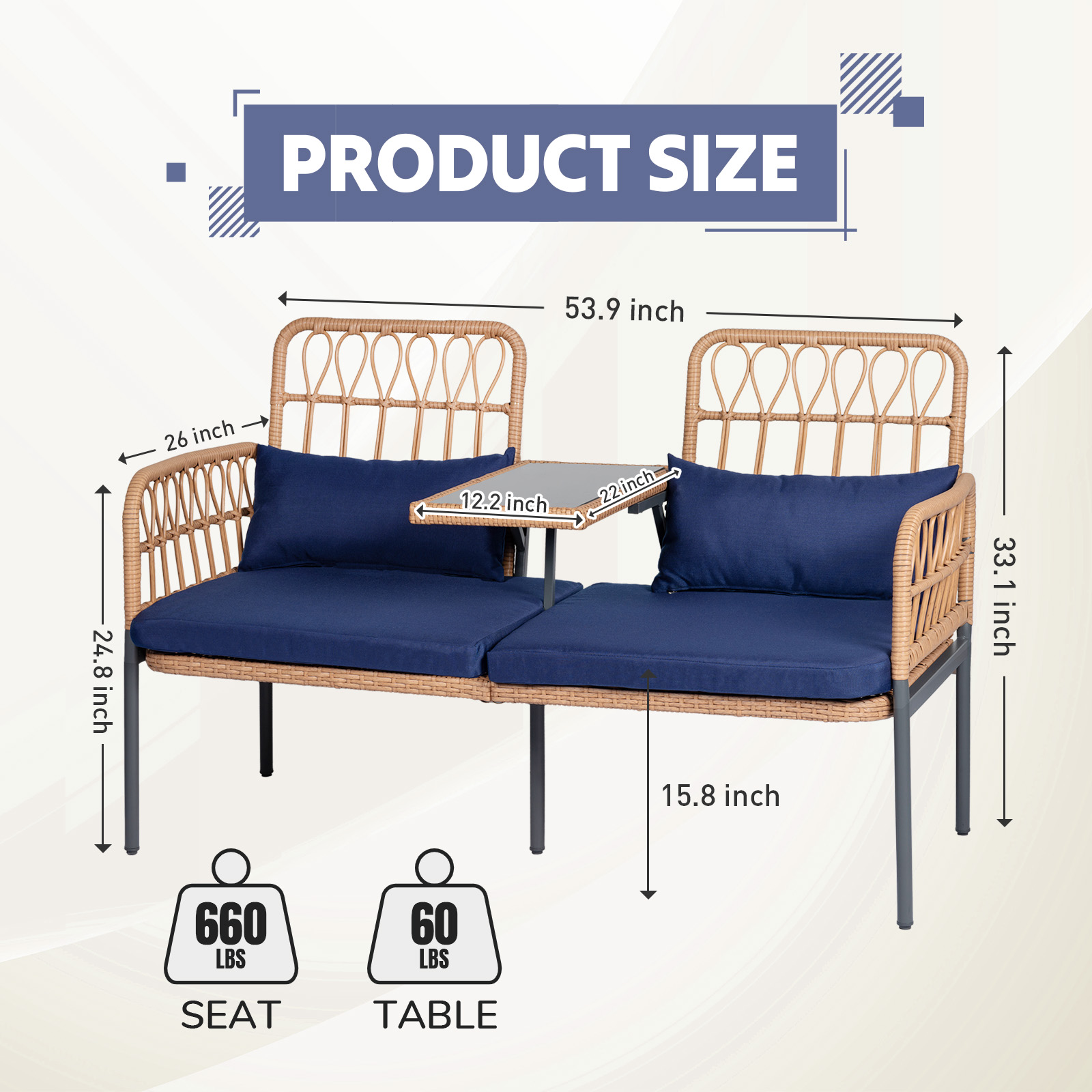 Tappio Outdoor Rattan Loveseat, Patio Rattan Conversation Set Seat Sofa Cushioned Loveseat Table Chairs with Built-in Coffee Table, Blue