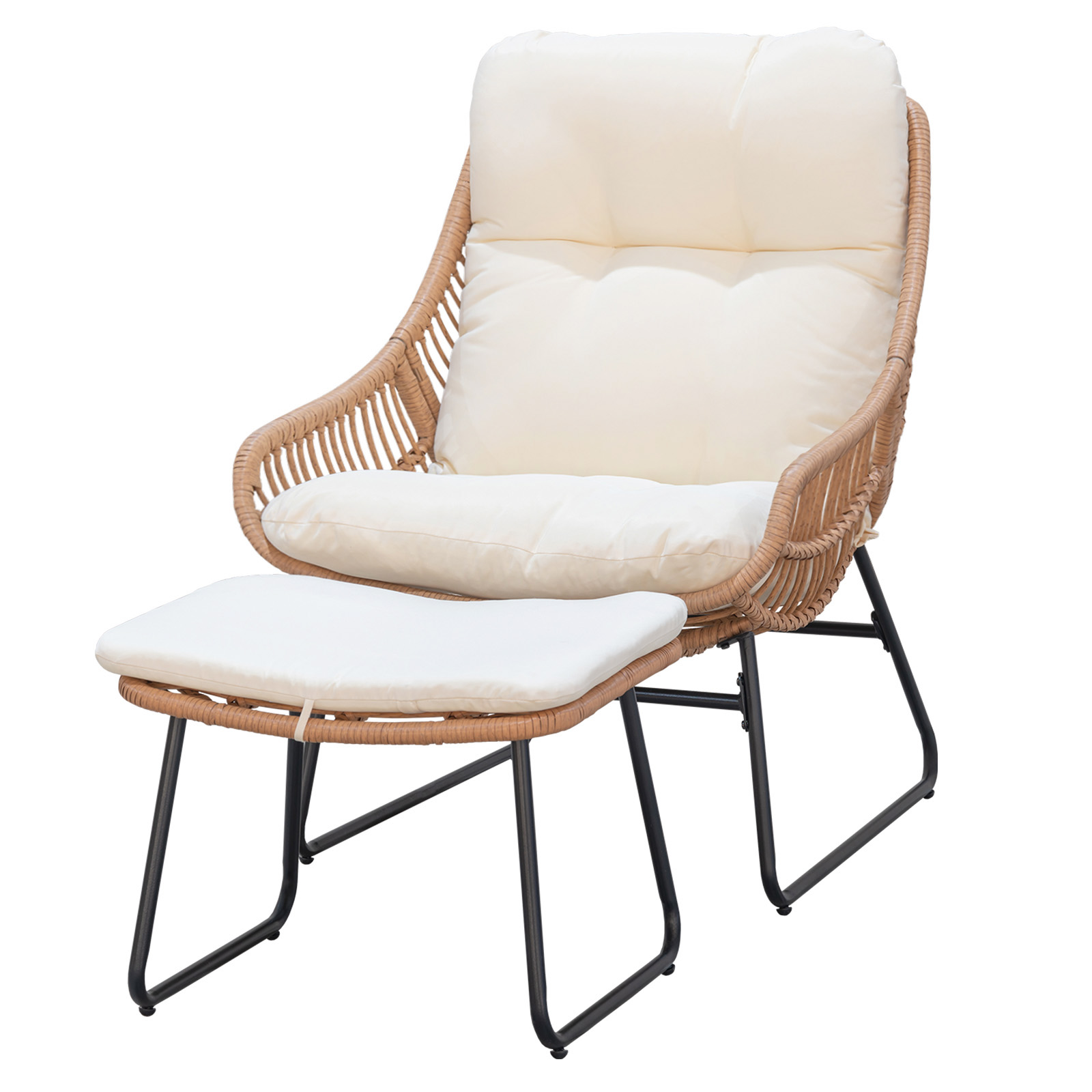 Tappio Lazy Chair with Ottoman, Rattan Accent Lounge Chair, Leisure Sofa Armchair with Ottoman, Reading Chair with Footrest for Bedroom, Living Room, Dorm Rooms, Garden and Courtyard, Beige