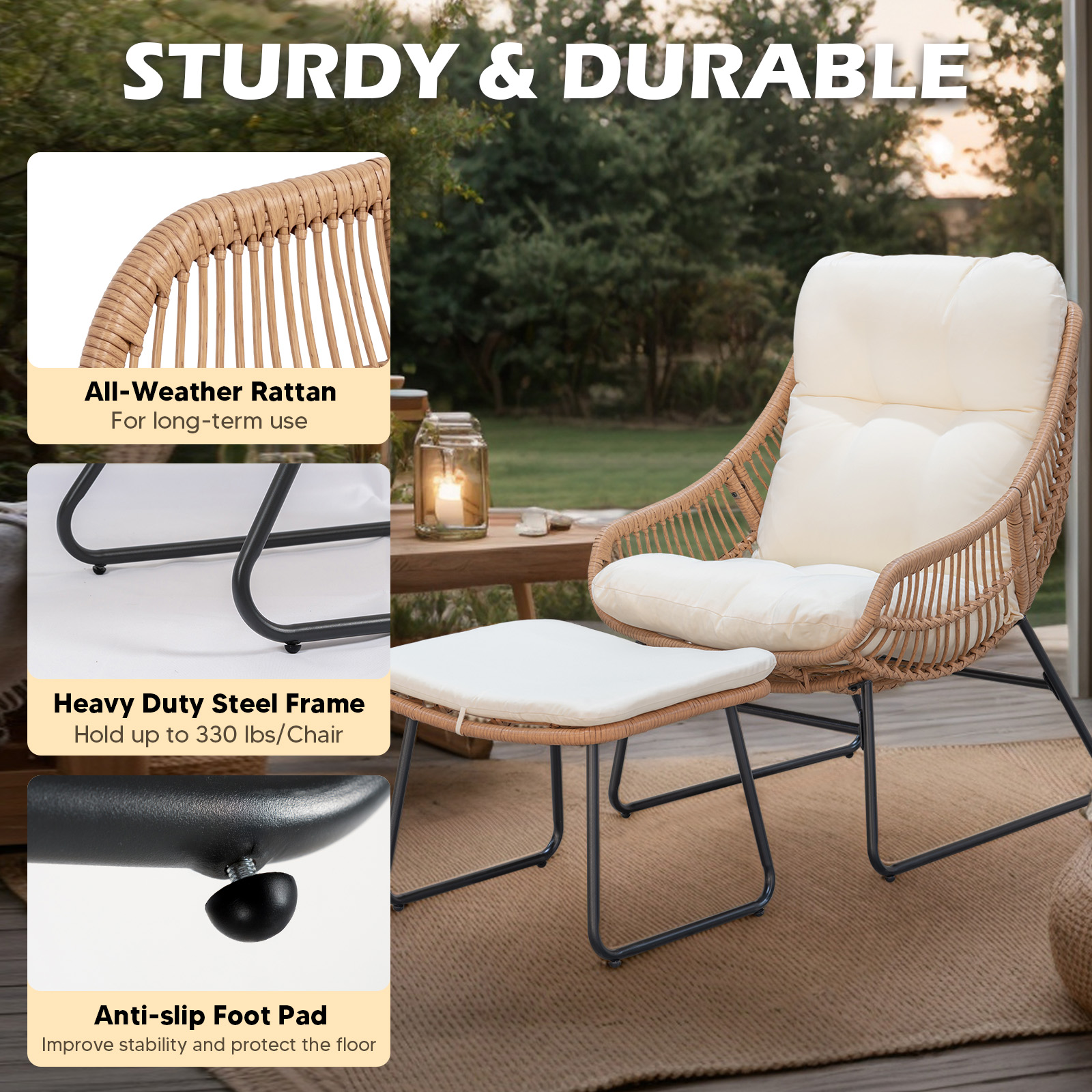 Tappio Lazy Chair with Ottoman, Rattan Accent Lounge Chair, Leisure Sofa Armchair with Ottoman, Reading Chair with Footrest for Bedroom, Living Room, Dorm Rooms, Garden and Courtyard, Beige