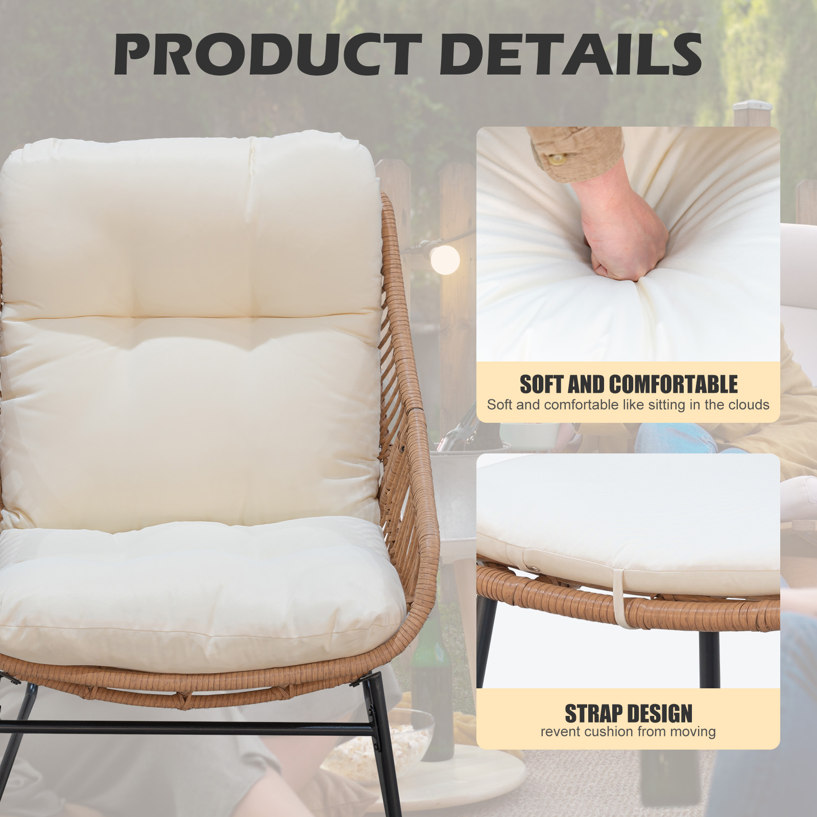 Tappio Lazy Chair with Ottoman, Rattan Accent Lounge Chair, Leisure Sofa Armchair with Ottoman, Reading Chair with Footrest for Bedroom, Living Room, Dorm Rooms, Garden and Courtyard, Beige