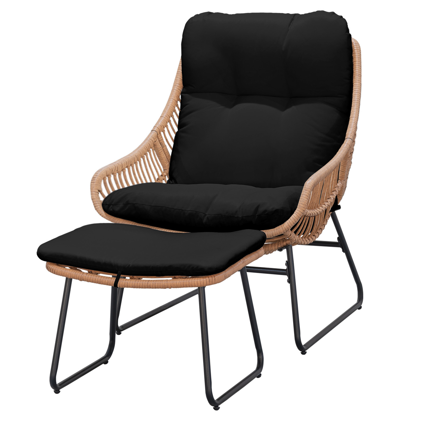 Tappio Lazy Chair with Ottoman, Rattan Accent Lounge Chair, Leisure Sofa Armchair with Ottoman, Reading Chair with Footrest for Bedroom, Living Room, Dorm Rooms, Garden and Courtyard, Black