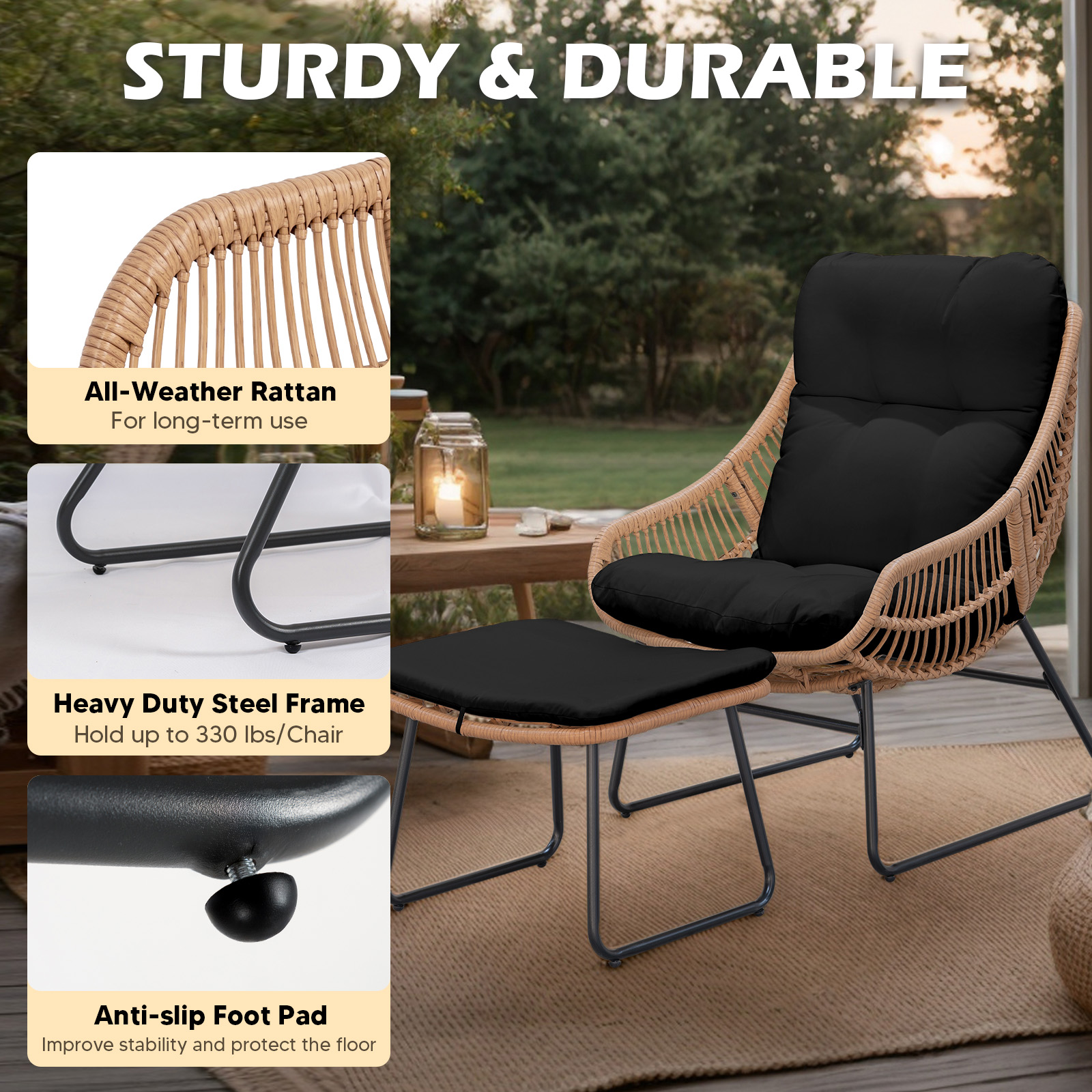 Tappio Lazy Chair with Ottoman, Rattan Accent Lounge Chair, Leisure Sofa Armchair with Ottoman, Reading Chair with Footrest for Bedroom, Living Room, Dorm Rooms, Garden and Courtyard, Black