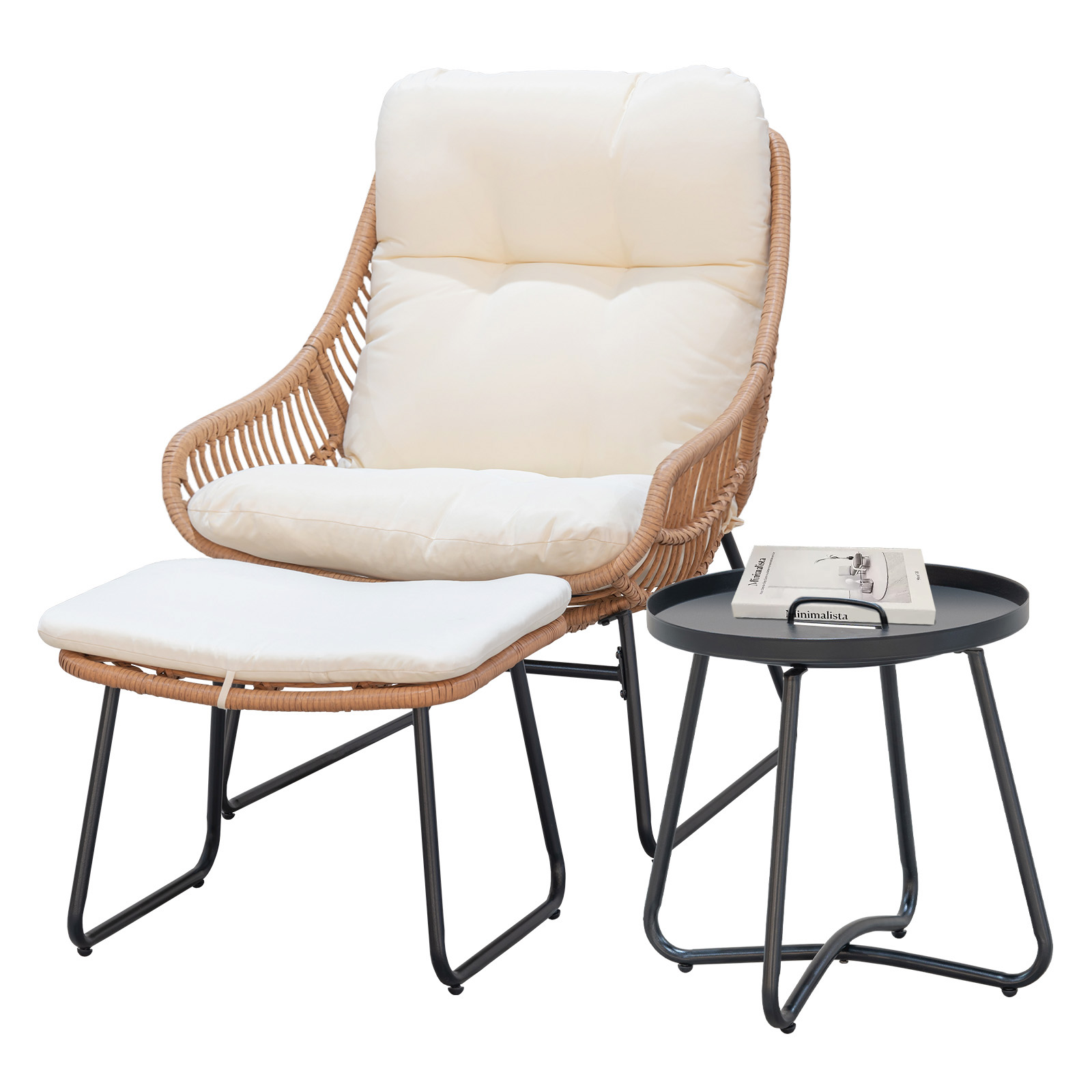 Tappio Lazy Chair with Ottoman, Rattan Accent Lounge Chair, Leisure Sofa Armchair with Ottoman, Reading Chair with Footrest and Table for Bedroom, Living Room, Dorm Rooms, Garden and Courtyard, Beige