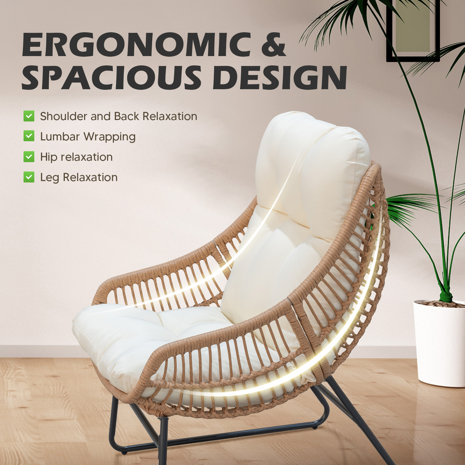 Tappio Lazy Chair with Ottoman, Rattan Accent Lounge Chair, Leisure Sofa Armchair with Ottoman, Reading Chair with Footrest and Table for Bedroom, Living Room, Dorm Rooms, Garden and Courtyard, Beige