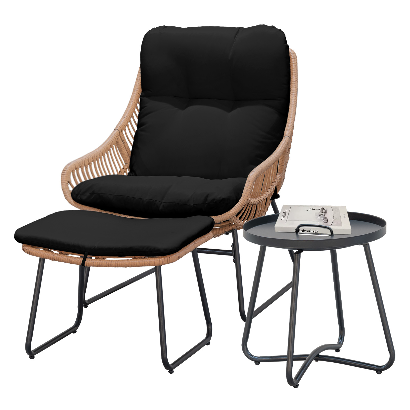 Tappio Lazy Chair with Ottoman, Rattan Accent Lounge Chair, Leisure Sofa Armchair with Ottoman, Reading Chair with Footrest and Table for Bedroom, Living Room, Dorm Rooms, Garden and Courtyard, Black