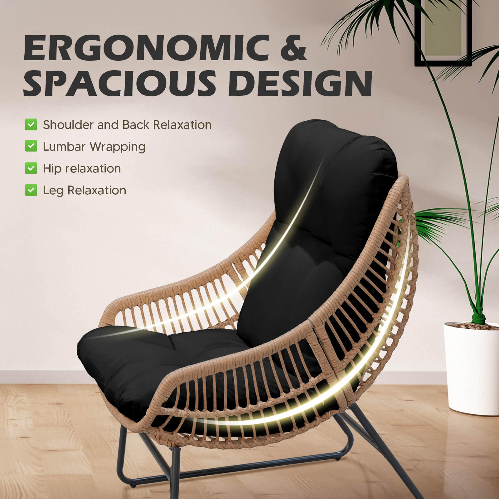 Tappio Lazy Chair with Ottoman, Rattan Accent Lounge Chair, Leisure Sofa Armchair with Ottoman, Reading Chair with Footrest and Table for Bedroom, Living Room, Dorm Rooms, Garden and Courtyard, Black