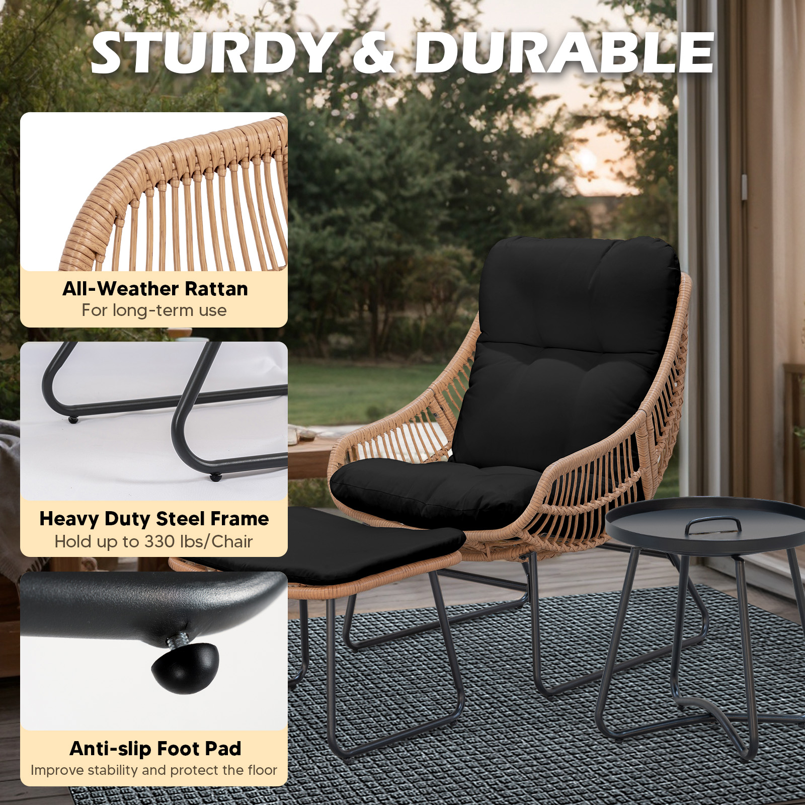 Tappio Lazy Chair with Ottoman, Rattan Accent Lounge Chair, Leisure Sofa Armchair with Ottoman, Reading Chair with Footrest and Table for Bedroom, Living Room, Dorm Rooms, Garden and Courtyard, Black