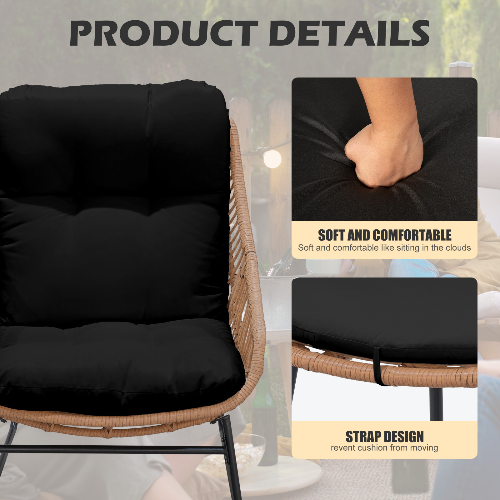 Tappio Lazy Chair with Ottoman, Rattan Accent Lounge Chair, Leisure Sofa Armchair with Ottoman, Reading Chair with Footrest and Table for Bedroom, Living Room, Dorm Rooms, Garden and Courtyard, Black