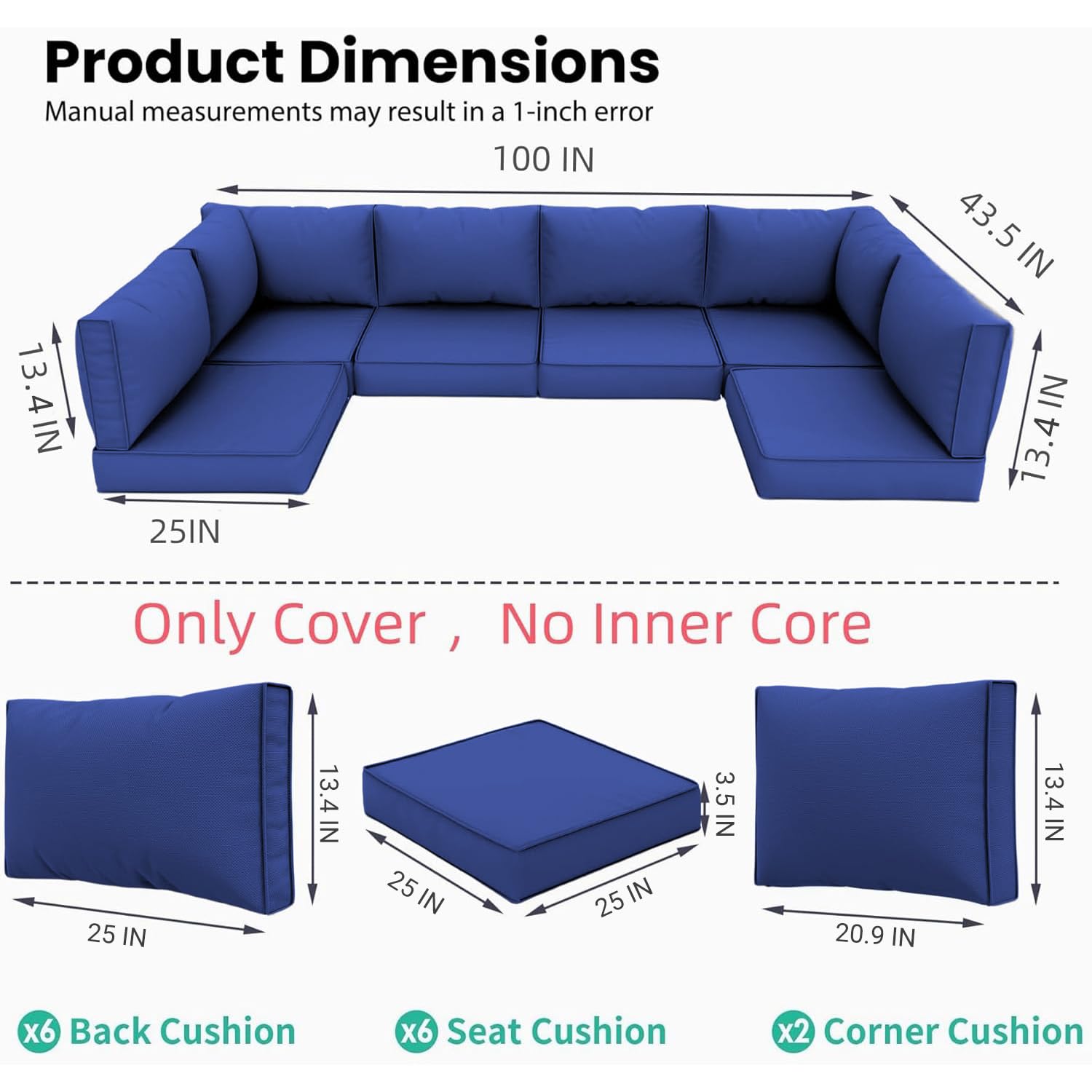 Tappio Patio Cushion Cover Replacement 14 Pack Outdoor Sofa Cushion and Pillow Covers Only with Zipper for 7-Piece Outdoor Patio Furniture Conversation Set, Blue