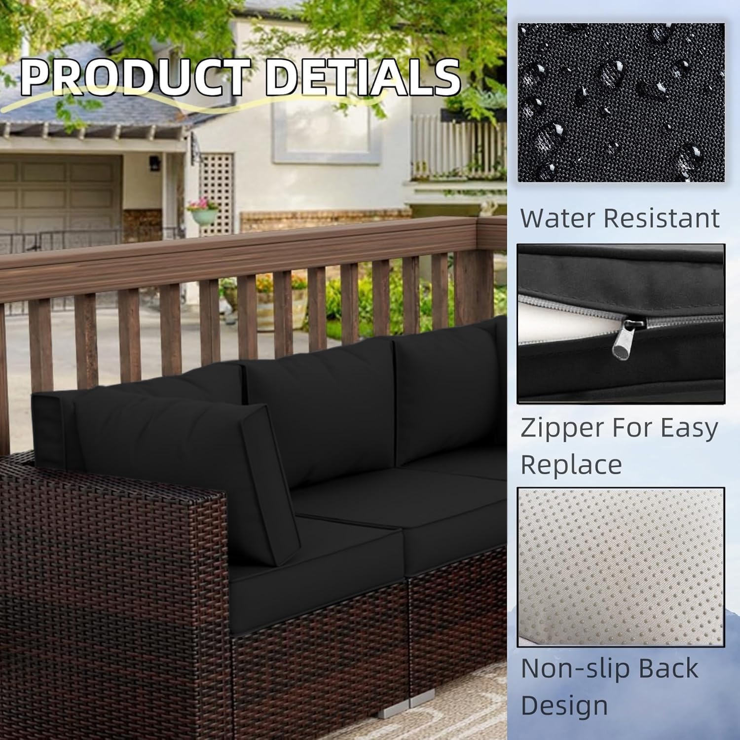 Tappio Patio Cushion Cover Replacement 14 Pack Outdoor Sofa Cushion and Pillow Covers Only with Zipper for 7-Piece Outdoor Patio Furniture Conversation Set, Black