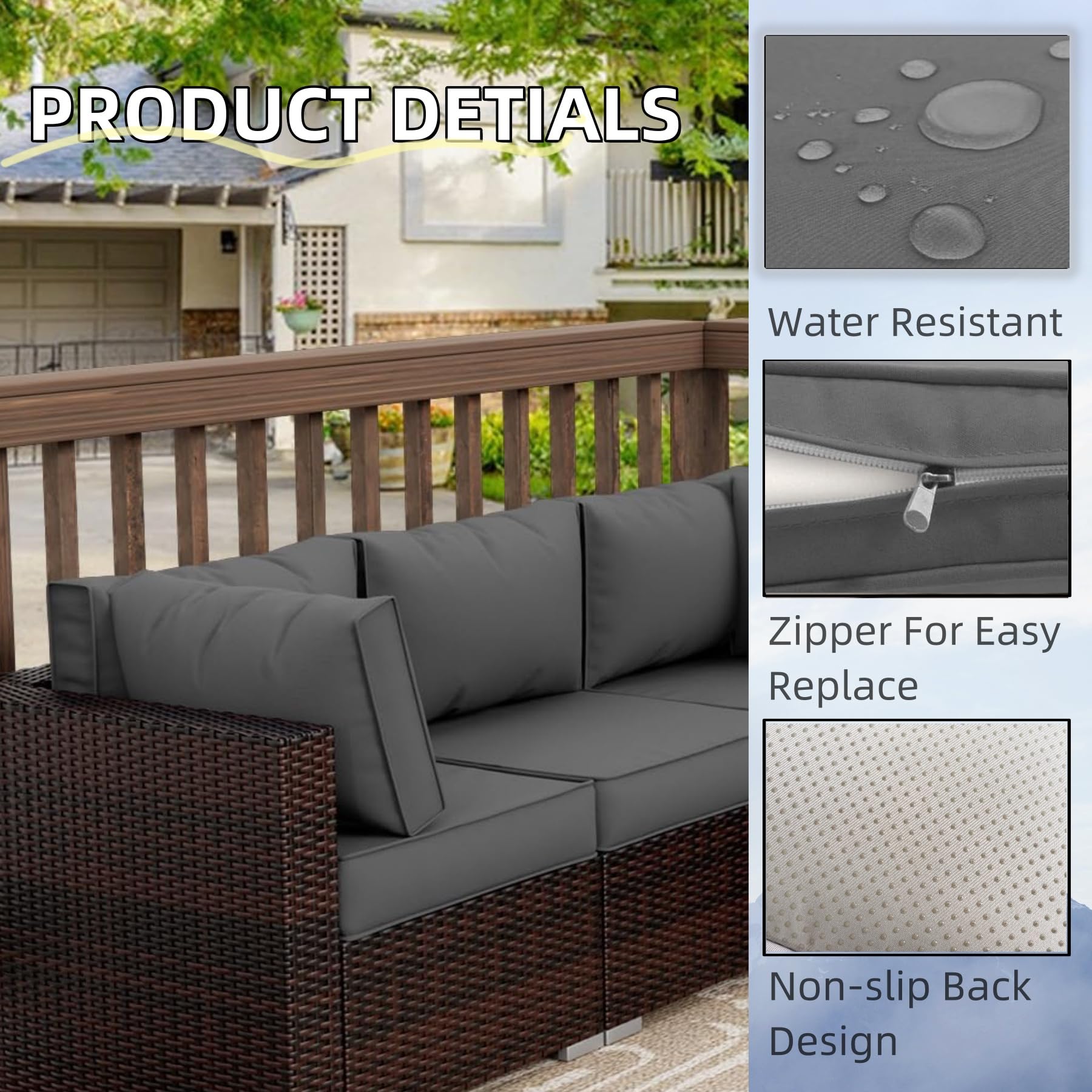 Tappio Patio Cushion Cover Replacement 14 Pack Outdoor Sofa Cushion and Pillow Covers Only with Zipper for 7-Piece Outdoor Patio Furniture Conversation Set, Dark Gray