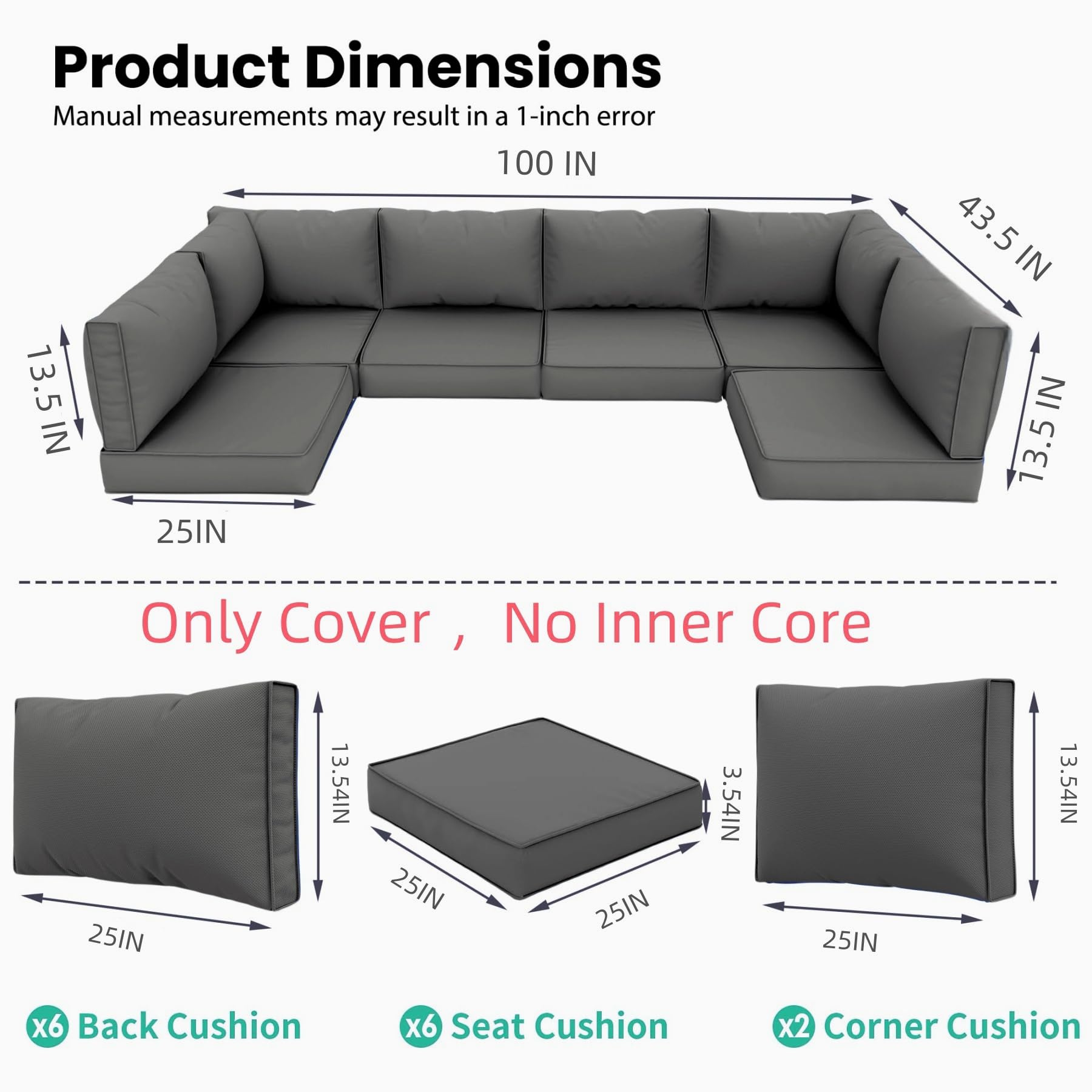 Tappio Patio Cushion Cover Replacement 14 Pack Outdoor Sofa Cushion and Pillow Covers Only with Zipper for 7-Piece Outdoor Patio Furniture Conversation Set, Dark Gray