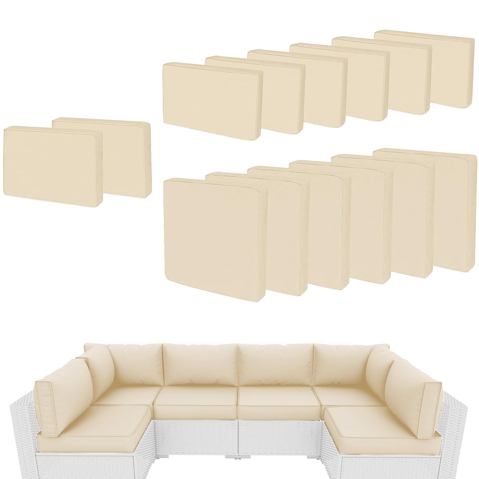 Tappio Patio Cushion Cover Replacement 14 Pack Outdoor Sofa Cushion and Pillow Covers Only with Zipper for 7-Piece Outdoor Patio Furniture Conversation Set, Beige