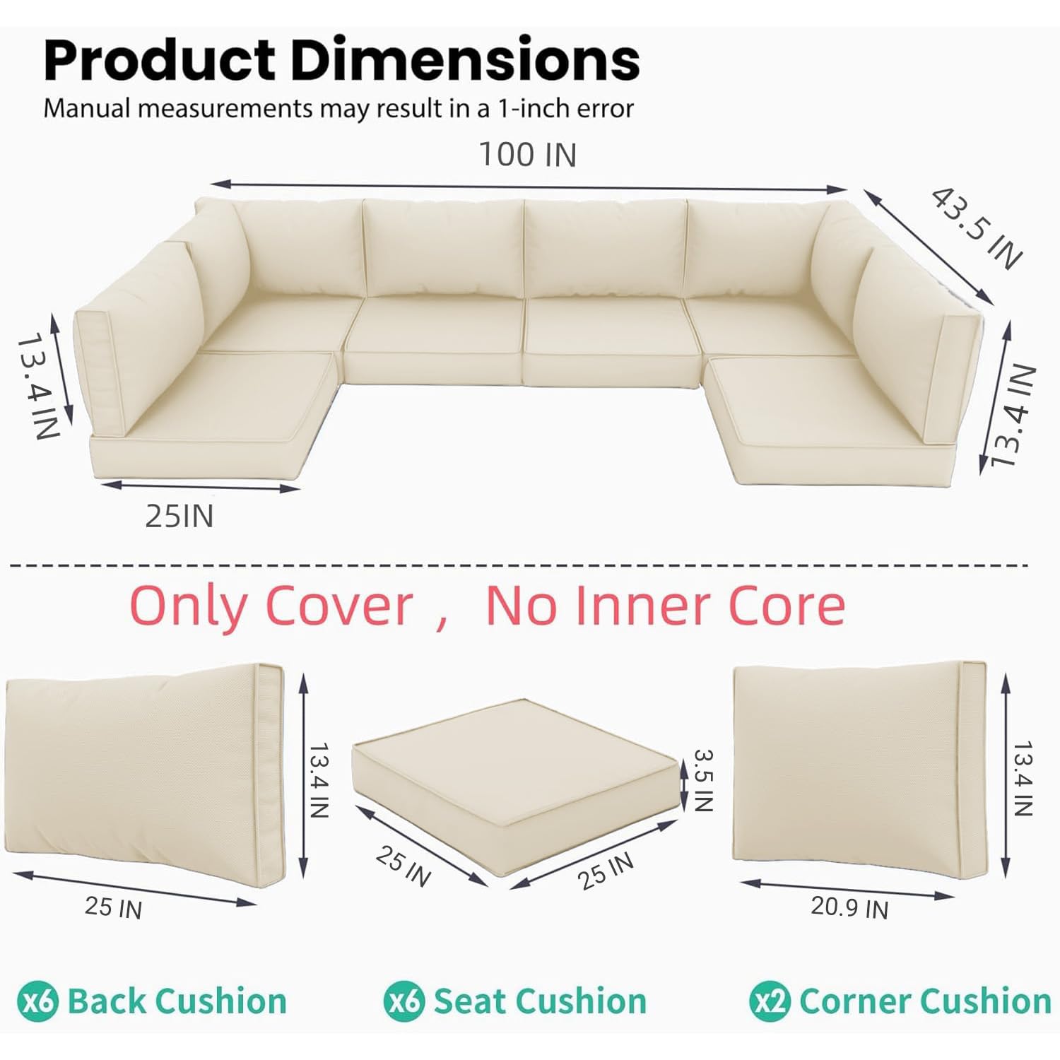 Tappio Patio Cushion Cover Replacement 14 Pack Outdoor Sofa Cushion and Pillow Covers Only with Zipper for 7-Piece Outdoor Patio Furniture Conversation Set, Beige
