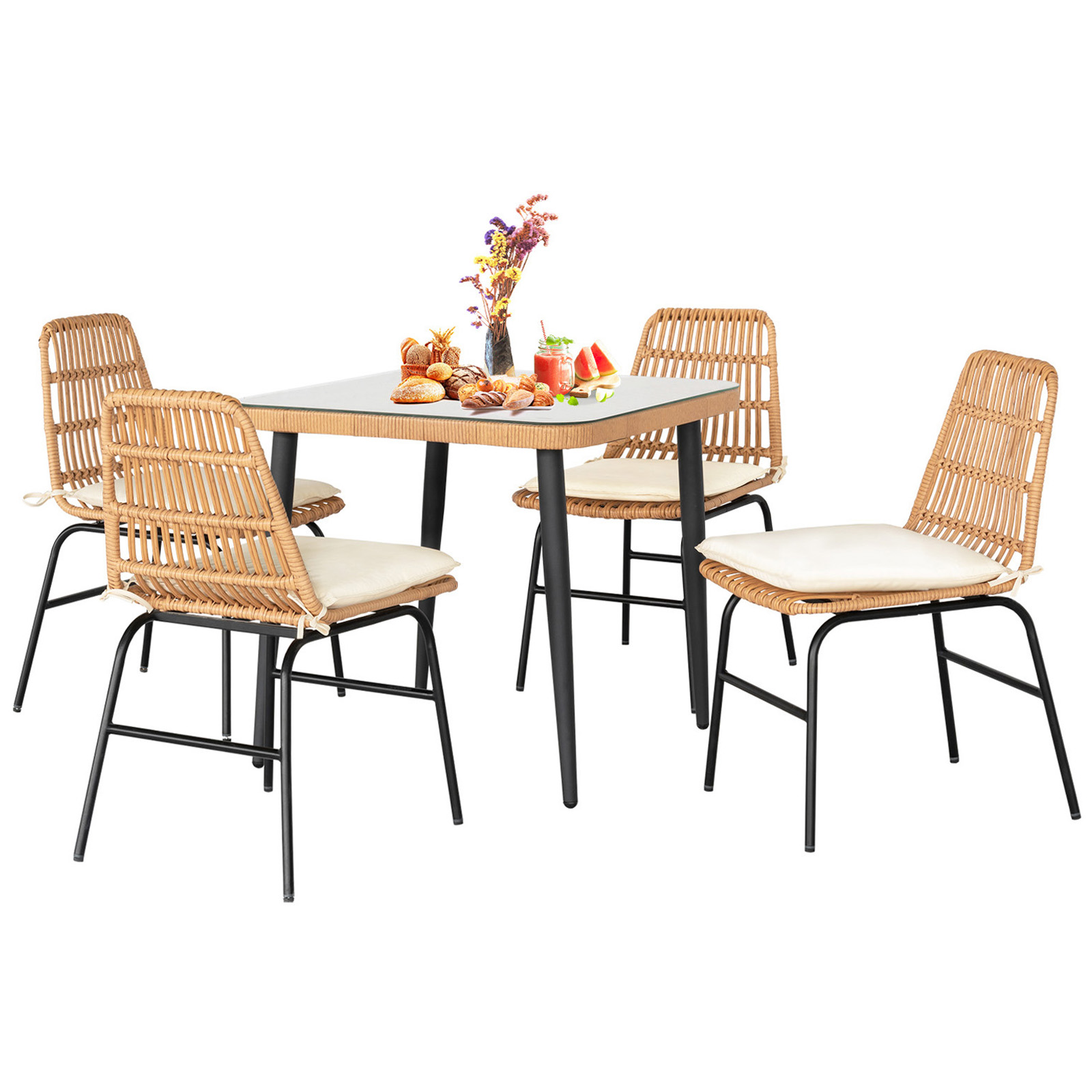 Tappio 5 Piece Outdoor Patio Dining Set, Rattan Dining Chairs with Tempered Glass Table, Patio Conversation Sets for Balcony Poolside Backyard, Beige