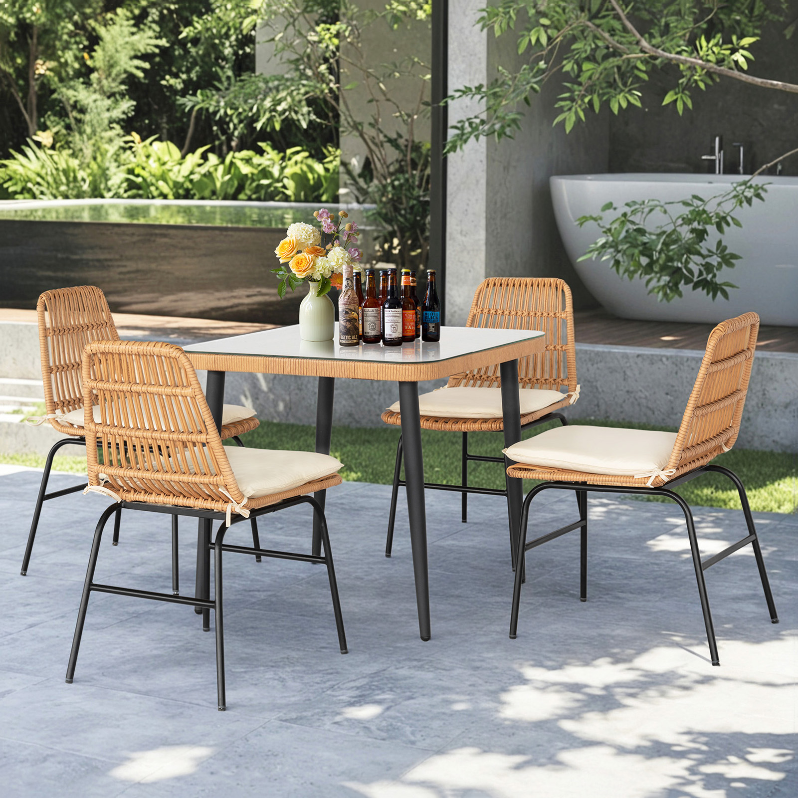 Tappio 5 Piece Outdoor Patio Dining Set, Rattan Dining Chairs with Tempered Glass Table, Patio Conversation Sets for Balcony Poolside Backyard, Beige