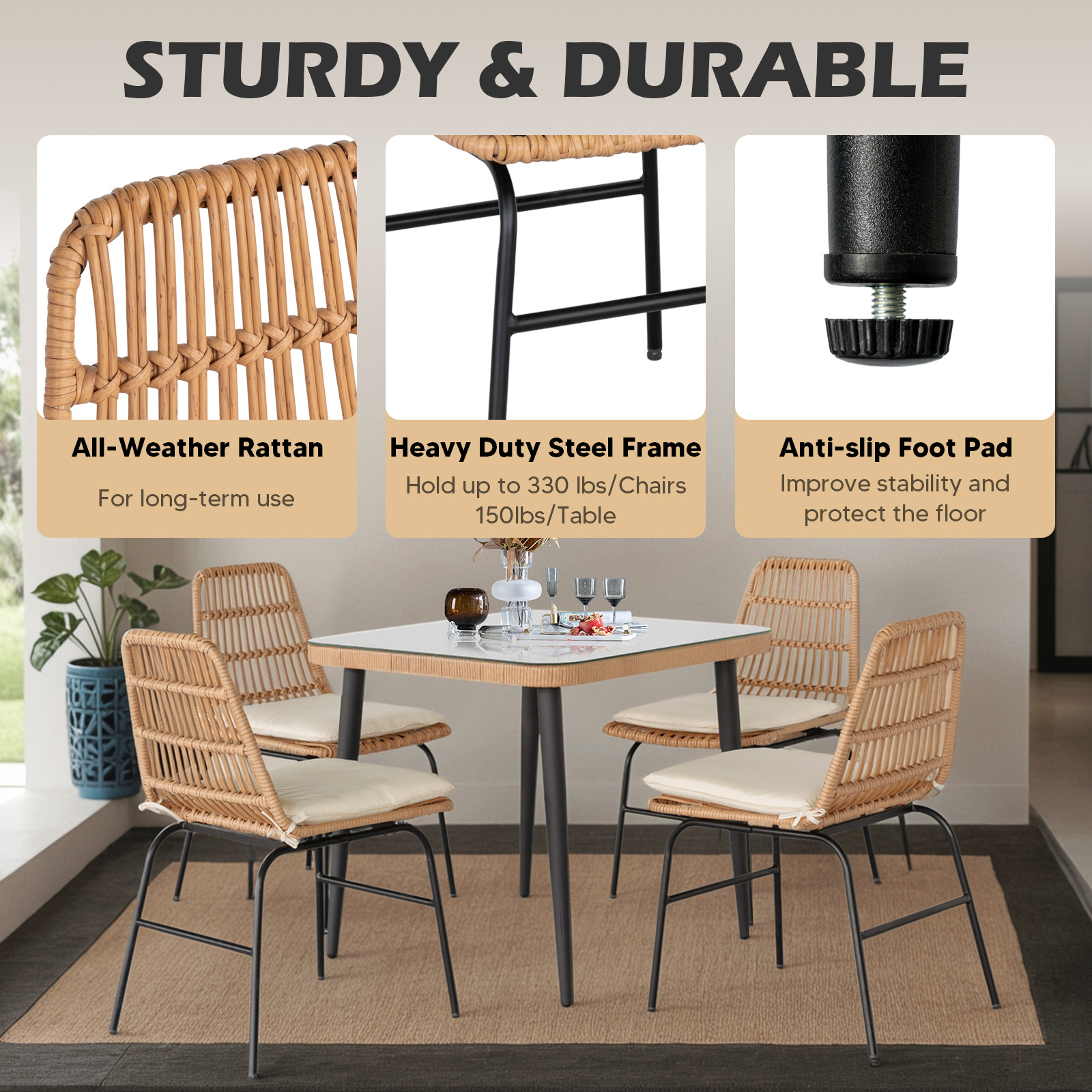Tappio 5 Piece Outdoor Patio Dining Set, Rattan Dining Chairs with Tempered Glass Table, Patio Conversation Sets for Balcony Poolside Backyard, Beige