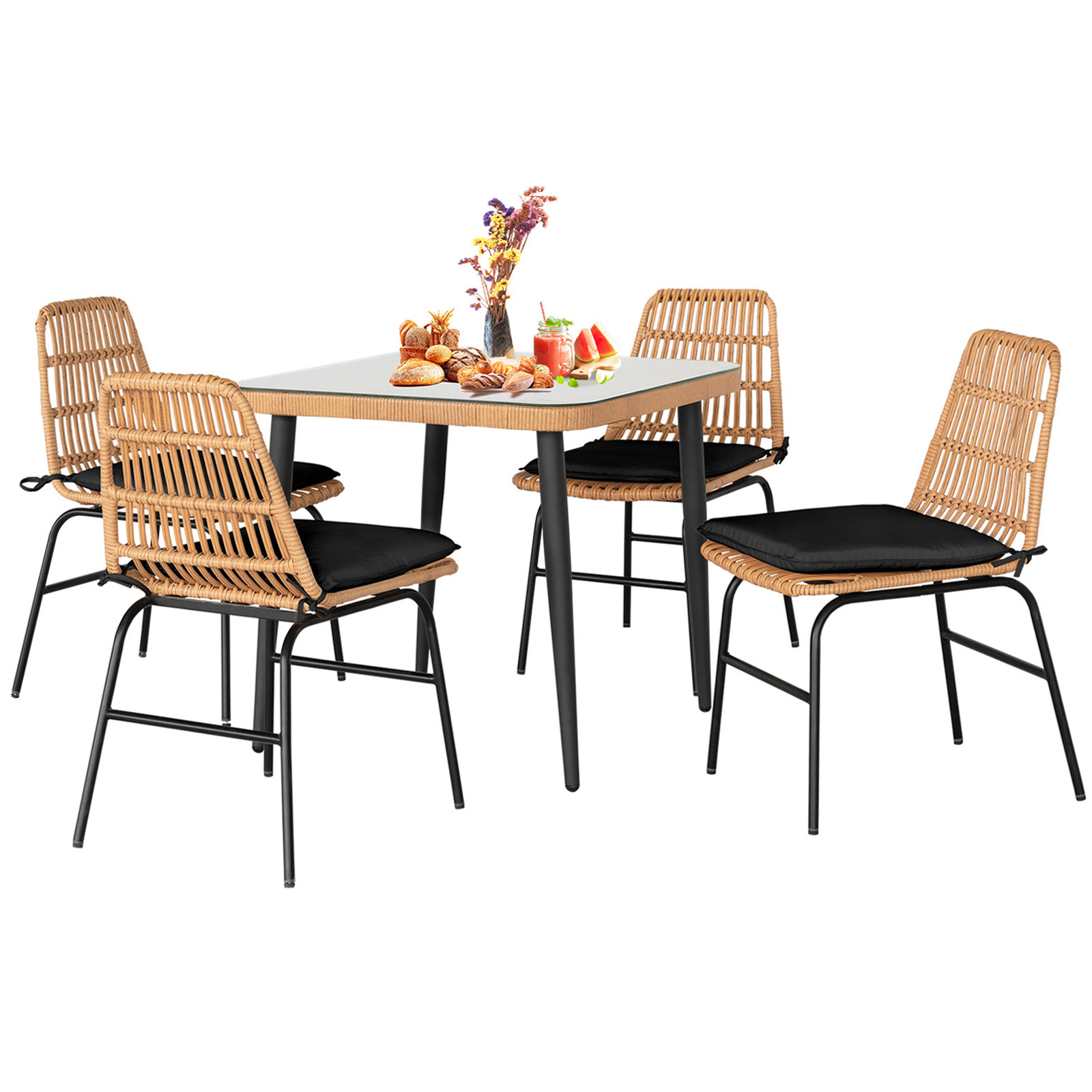 Tappio 5 Piece Outdoor Patio Dining Set, Rattan Dining Chairs with Tempered Glass Table, Patio Conversation Sets for Balcony Poolside Backyard, Black