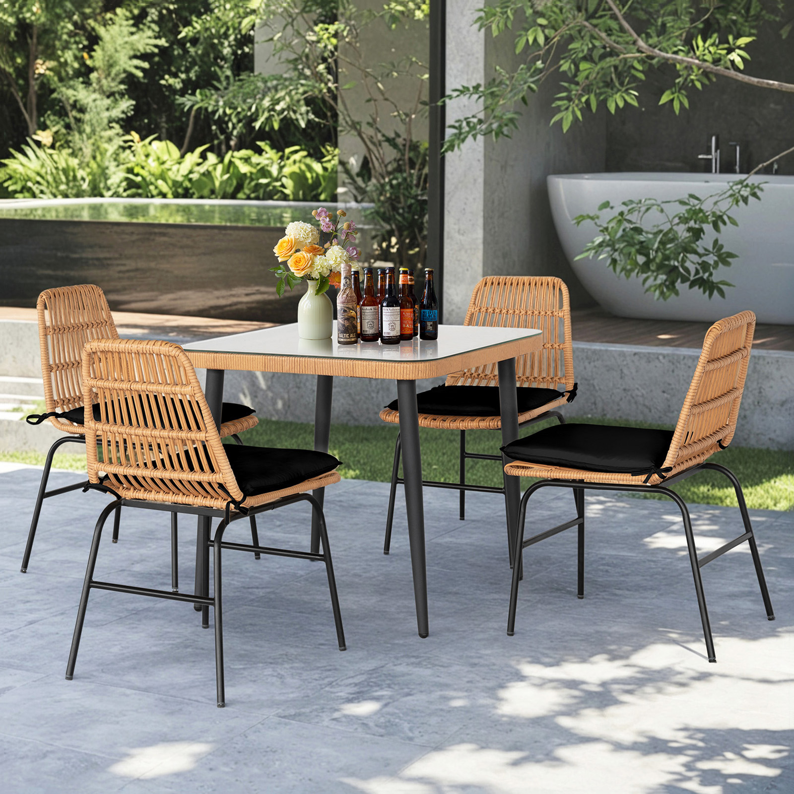 Tappio 5 Piece Outdoor Patio Dining Set, Rattan Dining Chairs with Tempered Glass Table, Patio Conversation Sets for Balcony Poolside Backyard, Black