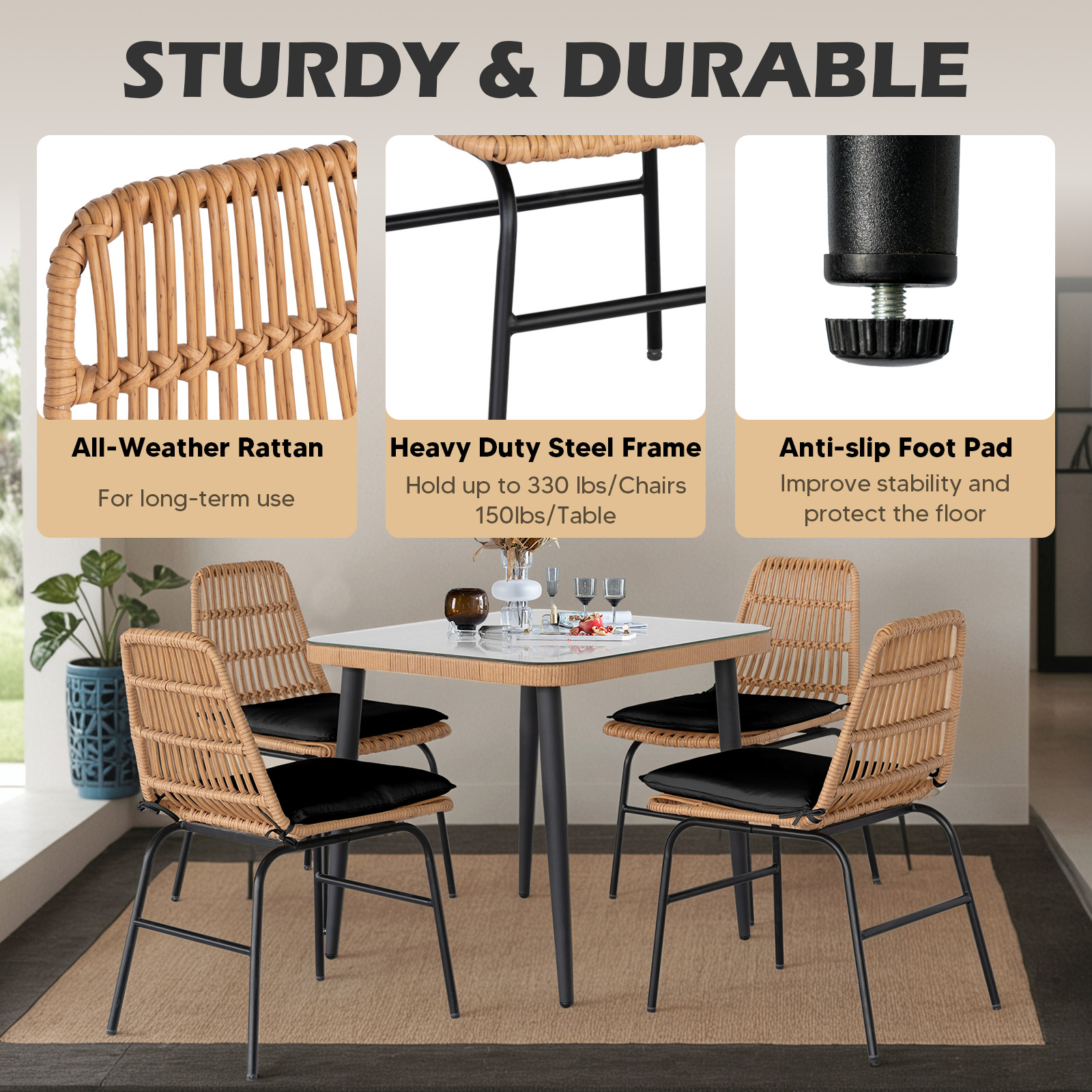 Tappio 5 Piece Outdoor Patio Dining Set, Rattan Dining Chairs with Tempered Glass Table, Patio Conversation Sets for Balcony Poolside Backyard, Black