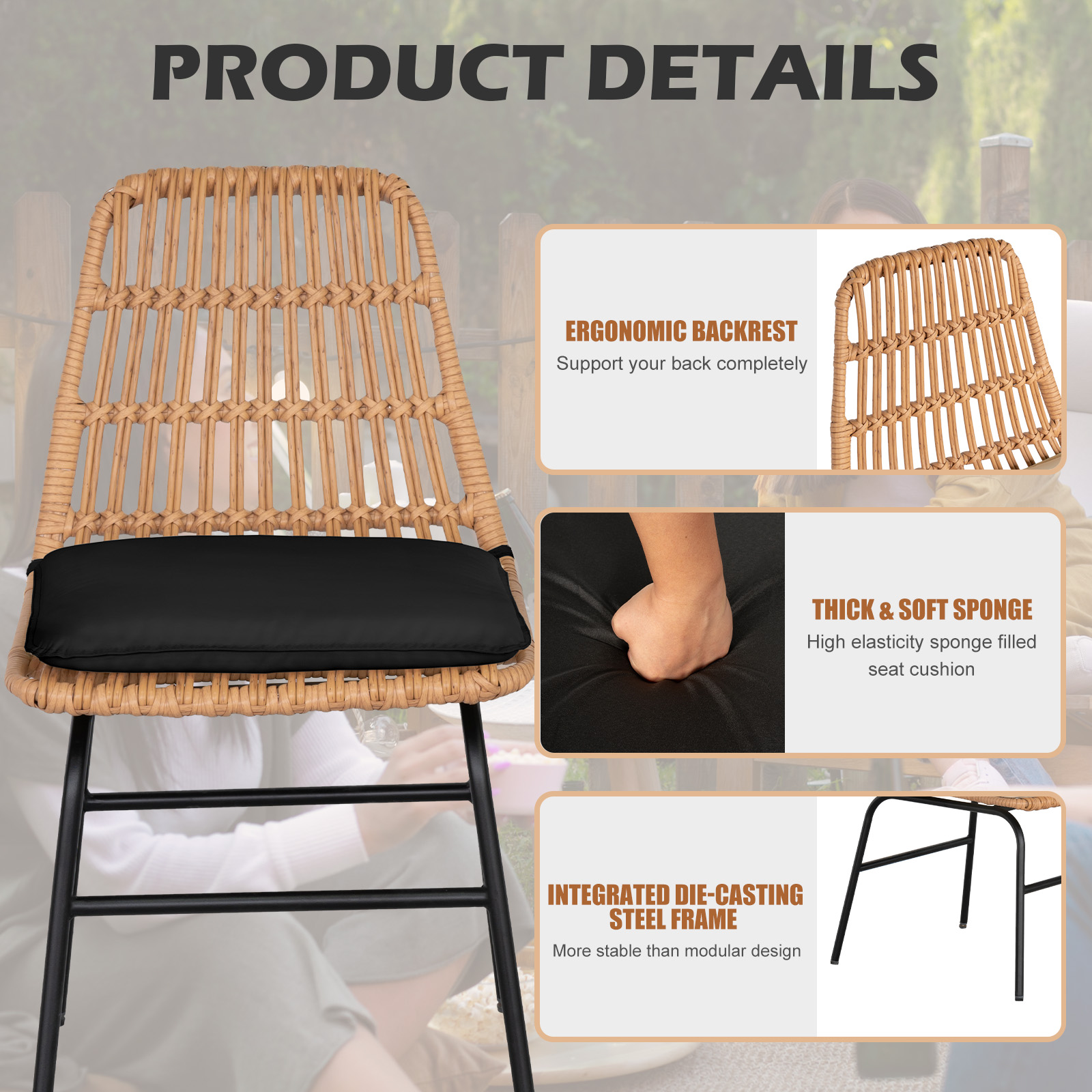 Tappio 5 Piece Outdoor Patio Dining Set, Rattan Dining Chairs with Tempered Glass Table, Patio Conversation Sets for Balcony Poolside Backyard, Black