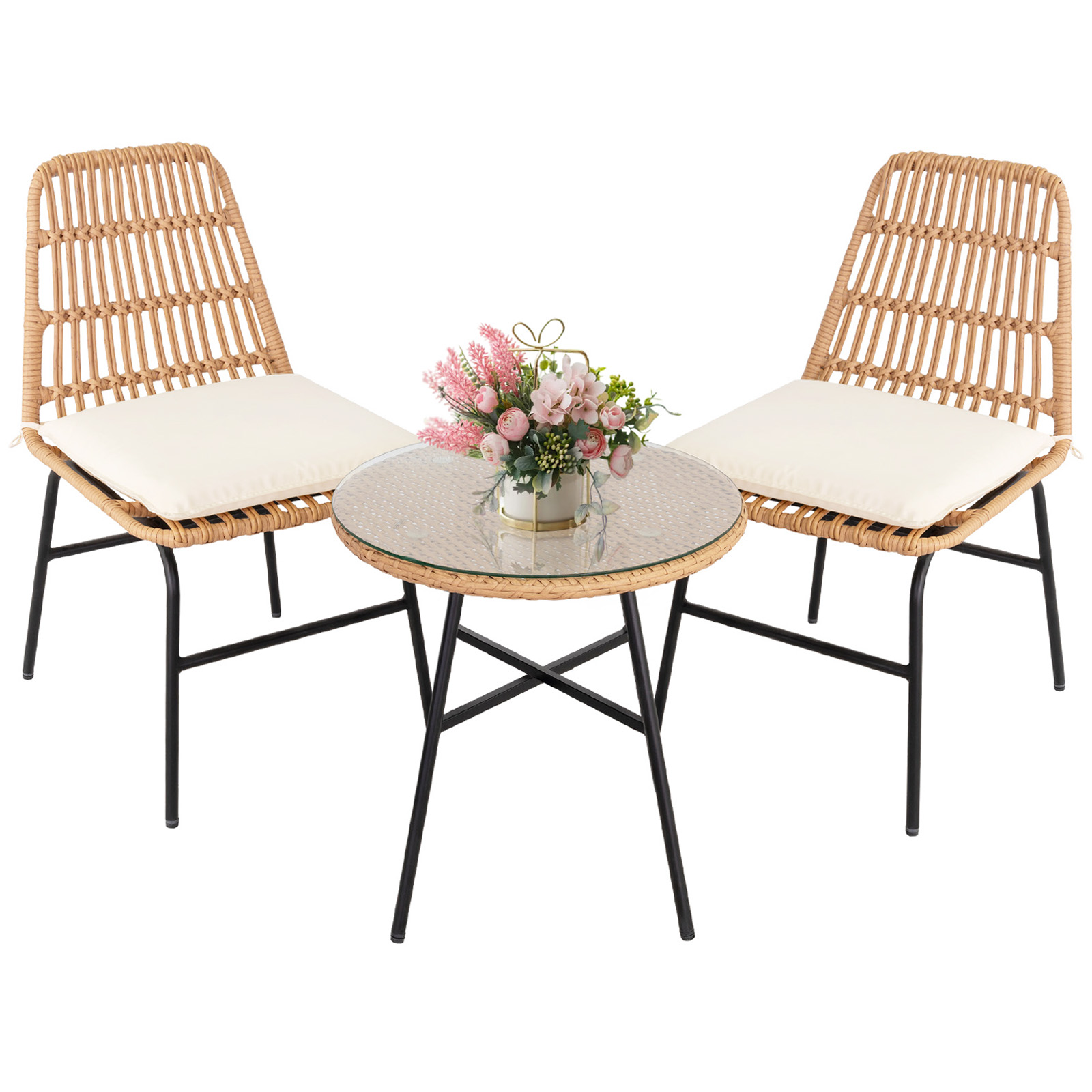 Tappio 3 Pieces Wicker Patio Furniture Set, Outdoor Furniture Bistro Set with Coffee Table, Comfortable Porch Chairs Conversation Sets, for Lawn Balcony Backyard Garden, Beige