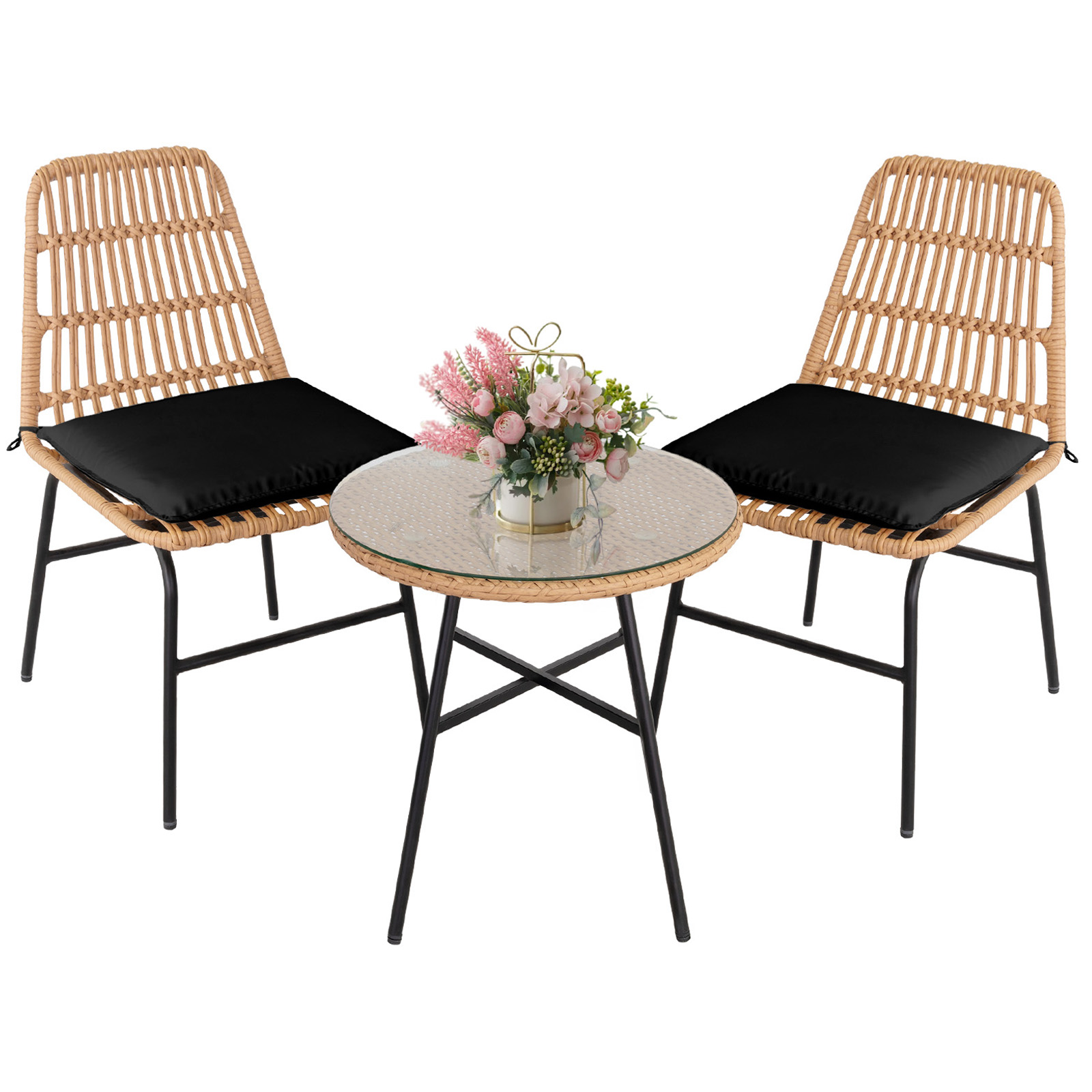 Tappio 3 Pieces Wicker Patio Furniture Set, Outdoor Furniture Bistro Set with Coffee Table, Comfortable Porch Chairs Conversation Sets, for Lawn Balcony Backyard Garden, Black